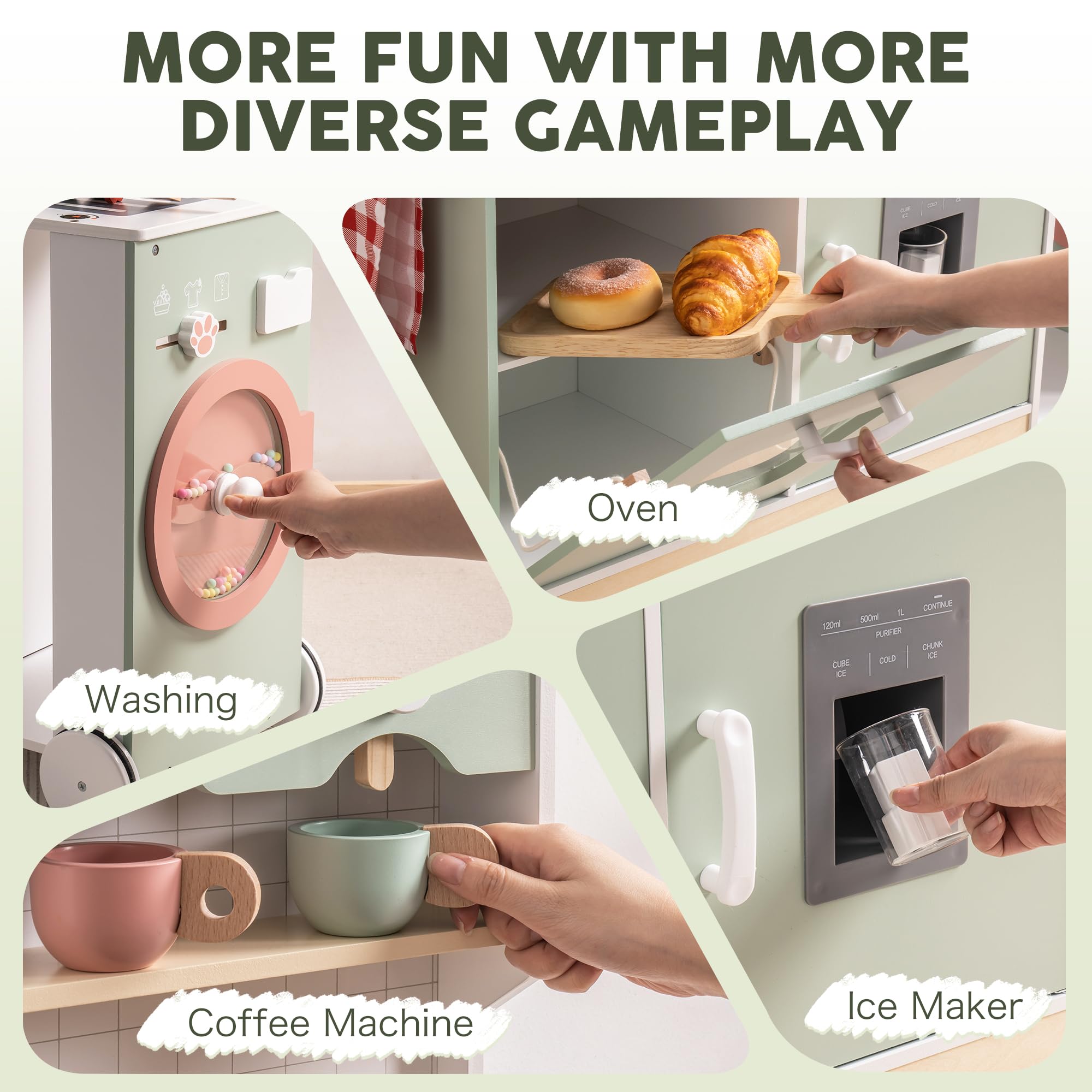 ROBUD Wooden Play Kitchen Set for Kids & Toddlers - Pretend Play Toy Kitchen with BBQ Grill, Ice Maker, Coffee Machine & Accessories - Interactive Kitchen Playset with Lights & Sounds - Perfect Gift for Boys & Girls Ages 3+ - Great for Imaginative Play, Role-Playing & Early Learning Development