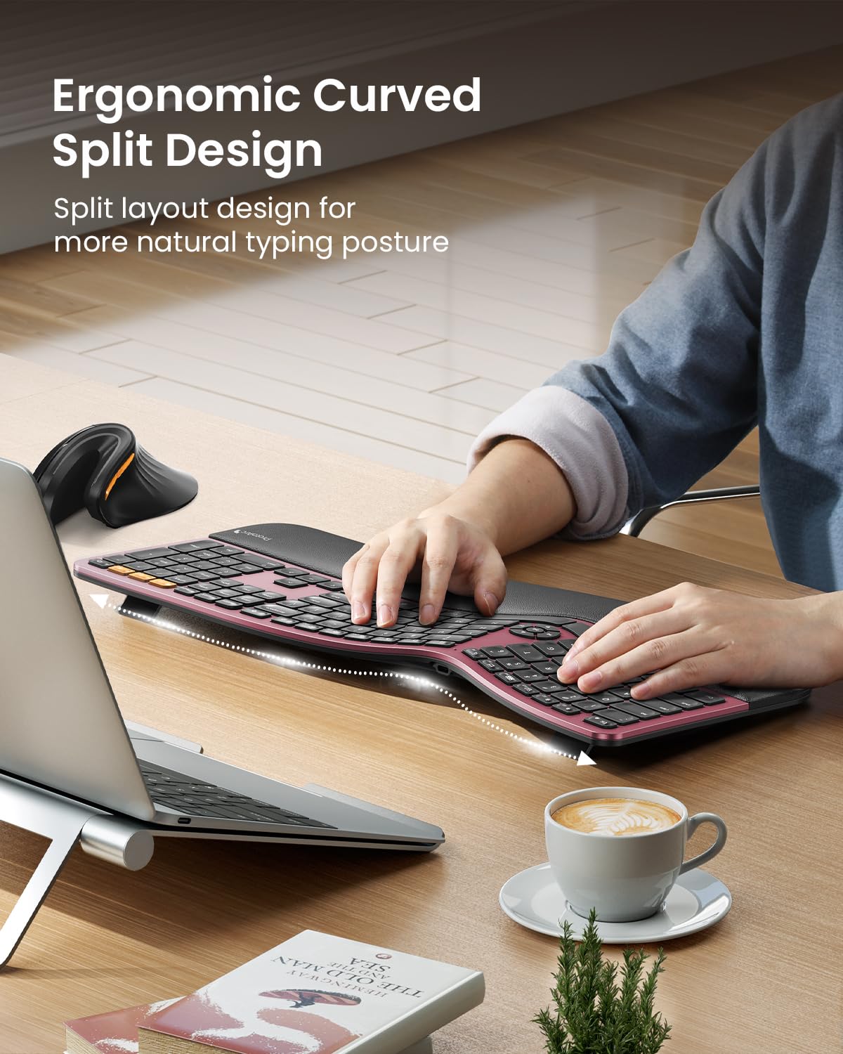 ProtoArc EK01 Plus Wireless Ergonomic Split Keyboard - Backlit Bluetooth Keyboard with Dual Connectivity (Bluetooth/USB), Rechargeable Battery, Cushioned Wrist Rest - Compatible with Windows & Mac (Wine Red) - Perfect for Office Work, Gaming & Long Typing Sessions