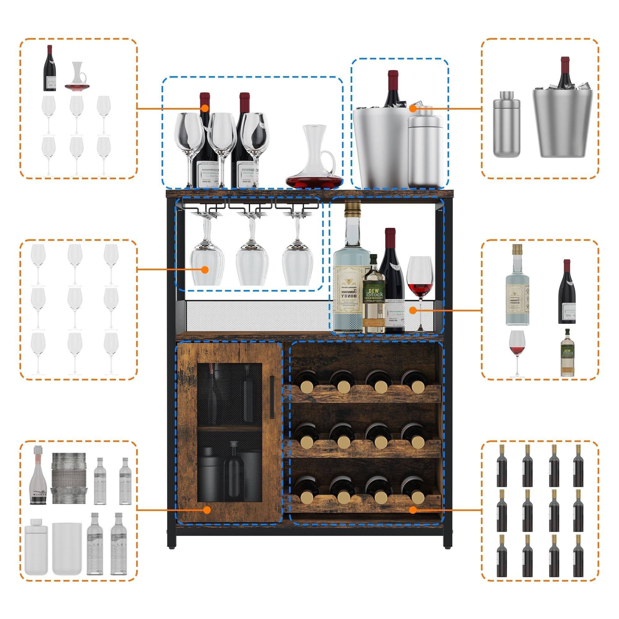 Rustic Brown Wine Bar Cabinet with Detachable Wine Rack - Industrial Coffee Bar Sideboard with Storage | Farmhouse Buffet Cabinet for Kitchen, Dining & Living Room | Perfect for Home Bars, Entertaining & Wine Storage