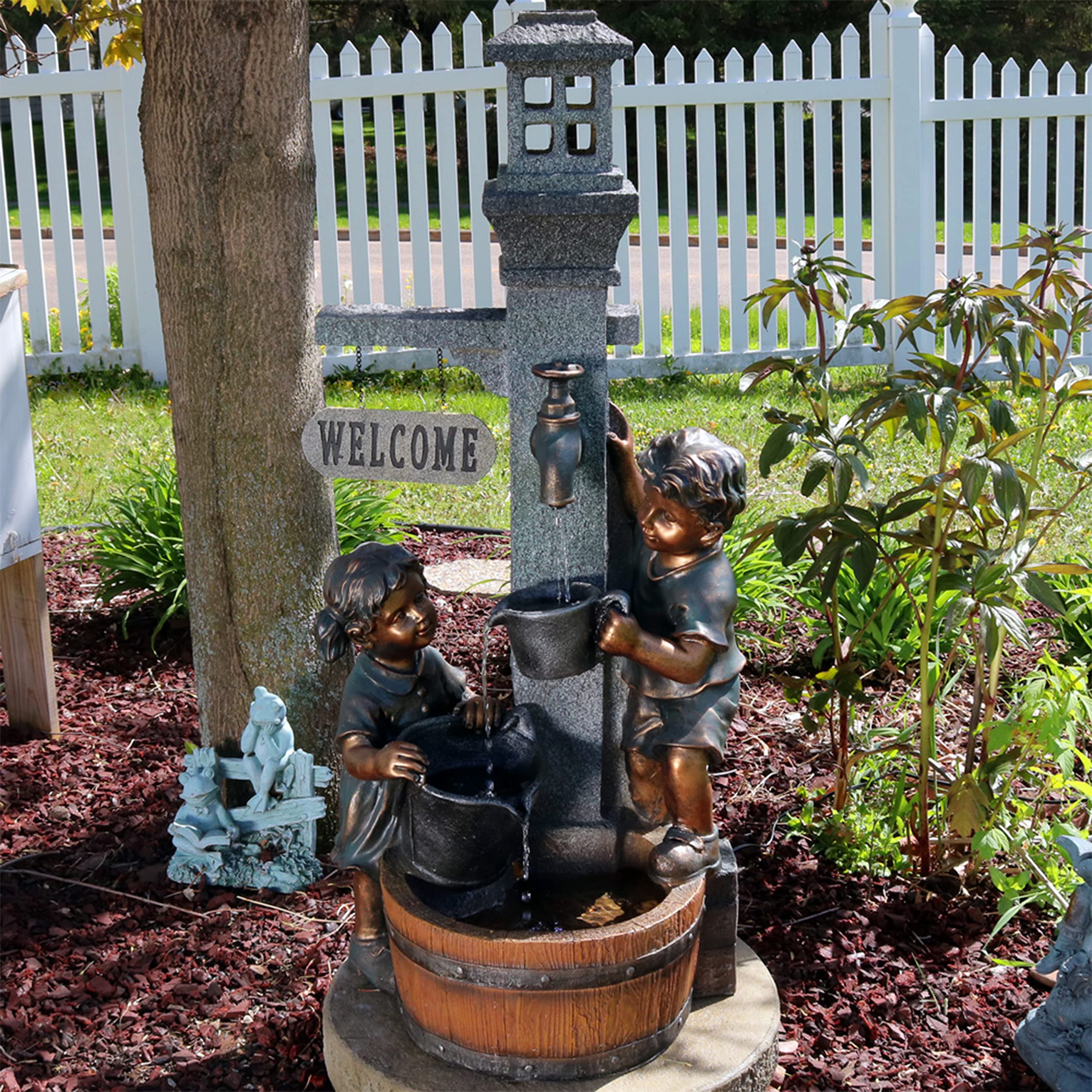 40-Inch LED Outdoor Water Fountain for Kids - Sunnydaze Garden Water Feature with Faucet for Patio, Yard & Balcony | Perfect for Children's Play Area & Backyard Decor
