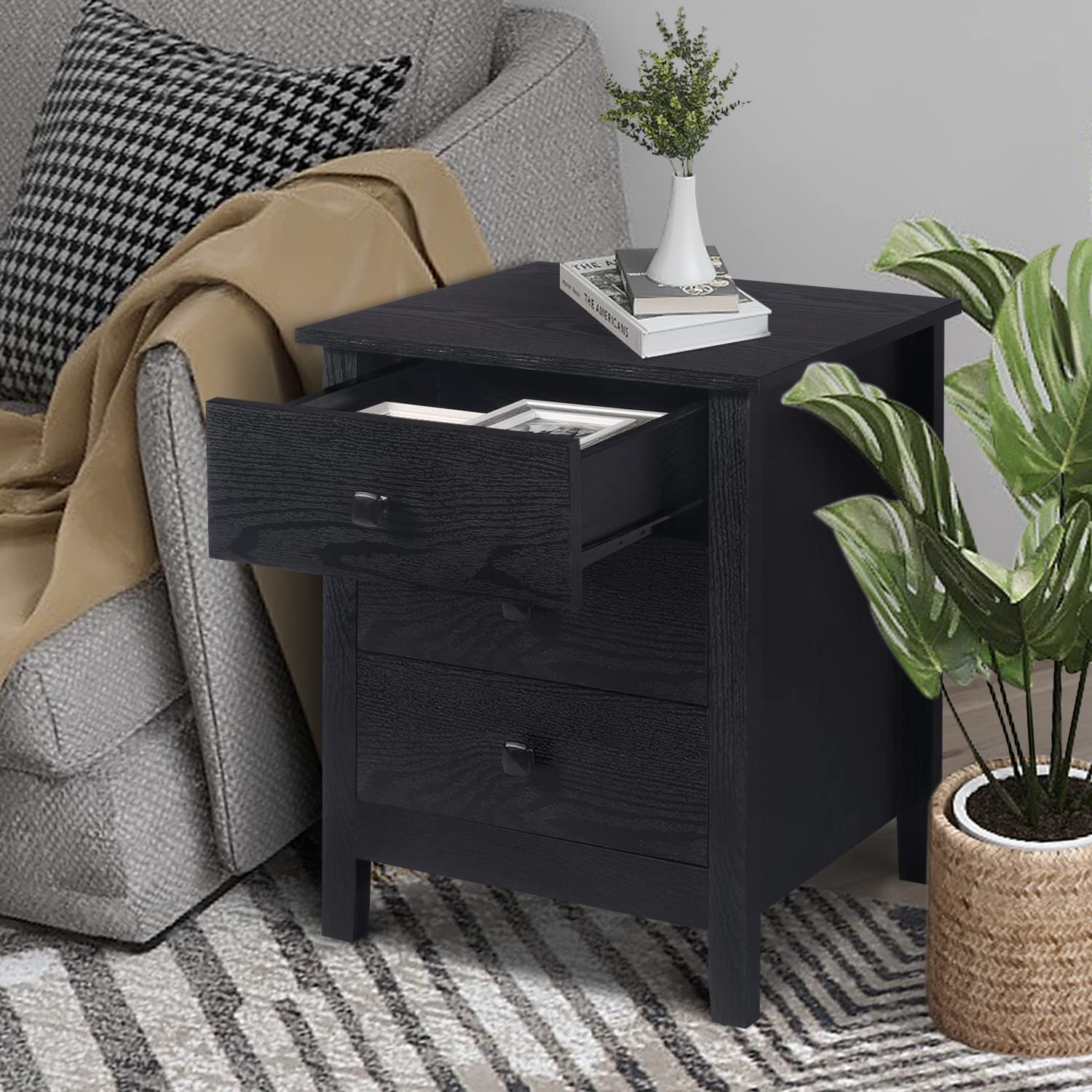 LTMEUTY Set of 2 Wood Nightstands with 3 Drawers - Modern Bedside Tables for Bedroom, Black Finish | Perfect for Small Spaces, Apartment Living & Guest Room Storage