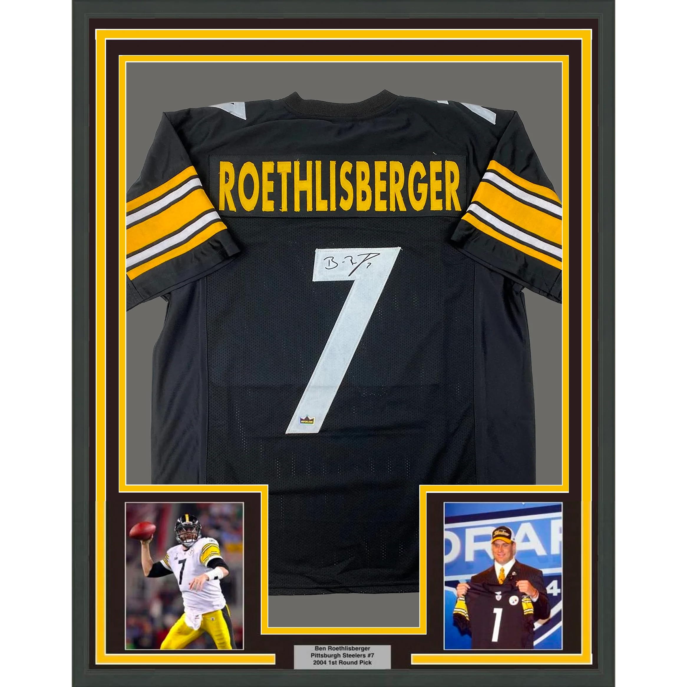 Framed Ben Roethlisberger Autographed Pittsburgh Steelers Football Jersey - Men's XL Size 35x39 Black Laser Reprint Display for Sports Memorabilia Collection & Man Cave Decor
