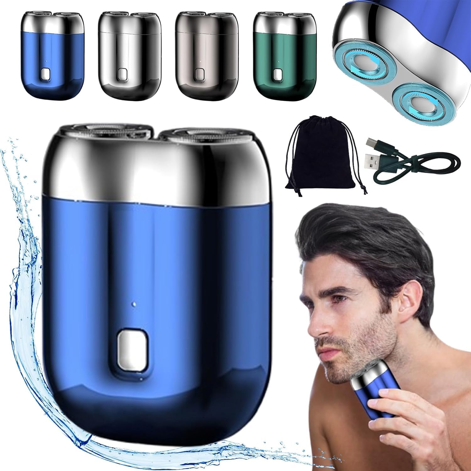 Portable Mini Electric Shaver for Men - USB-C Rechargeable, IPX7 Waterproof, Dual Head Wet/Dry Shaving - Home & Travel Use, Silver (Ideal for Business Trips, Gym, and Daily Grooming)