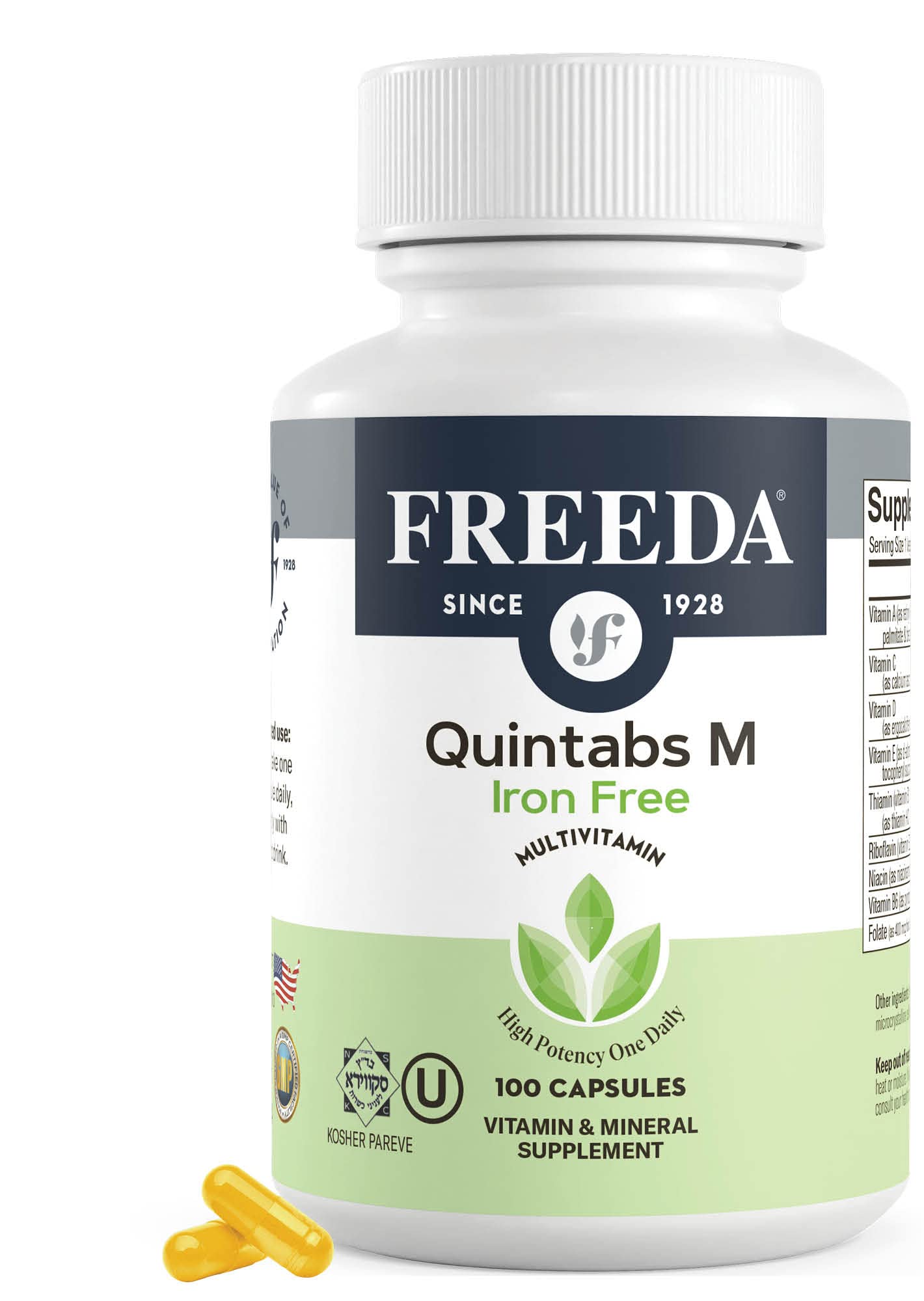 FREEDA One Daily Multivitamin Without Iron - Kosher Certified Iron-Free Multivitamin Supplement for Adults, Men & Women - 100 Capsules - Supports Energy, Immunity & Overall Health for Busy Lifestyles