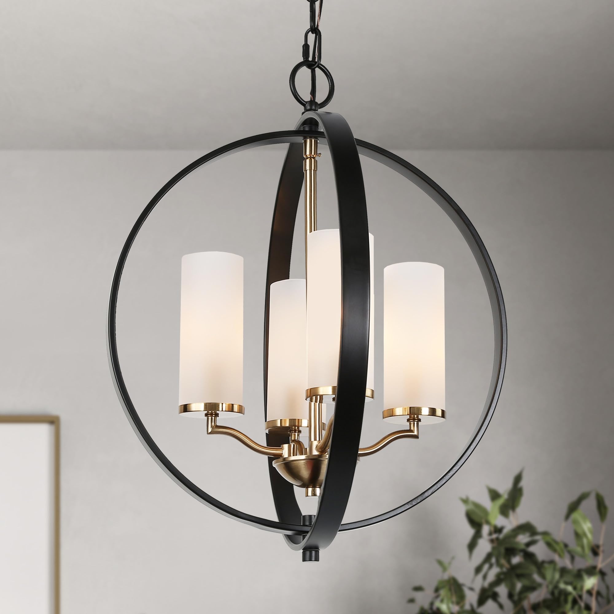 Mid-Century Modern Black Gold Chandelier - 4-Light Frosted Glass Globe Pendant Light for Farmhouse, Living Room, Dining Room & Bedroom | Elegant Vintage Lighting for Home Decor & Dining Areas