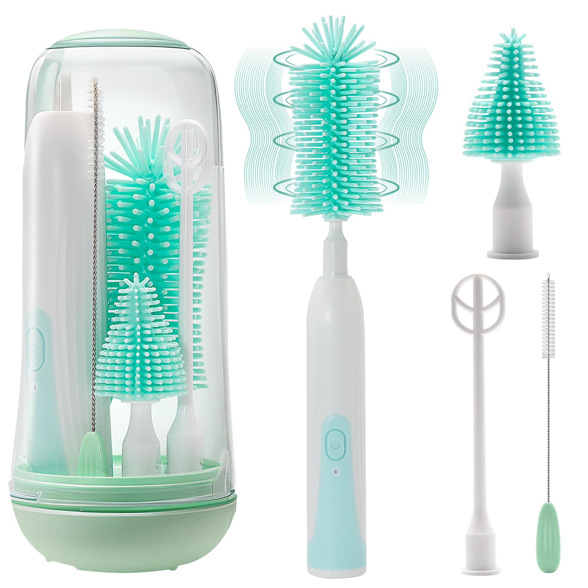 Rechargeable Electric Bottle Brush Cleaner Set - Waterproof Baby Bottle Cleaner with Nipple & Straw Brush - Perfect Travel Essential for New Moms - Great Baby Shower Gift for Pregnancy & Postpartum Use - Green