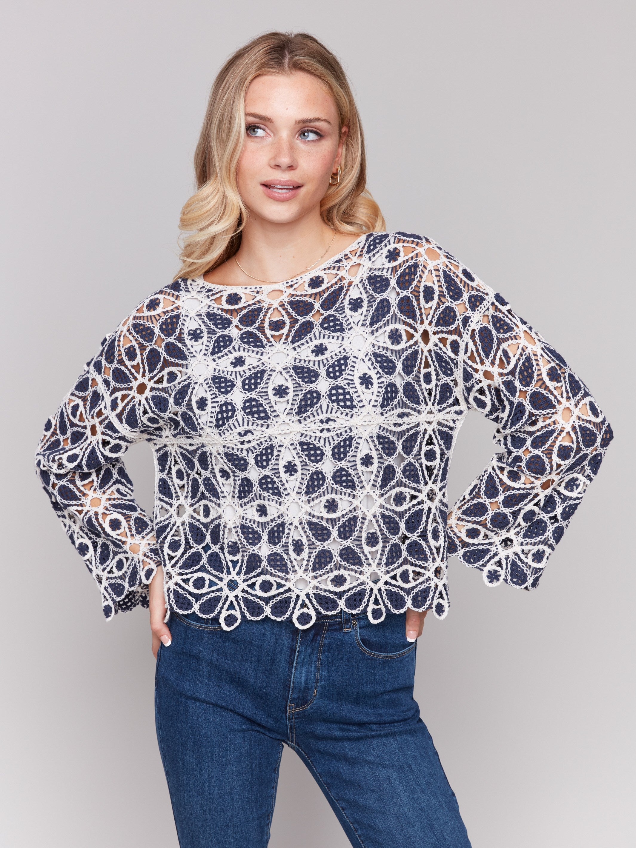 Stylish Cotton Blend Crochet Top with Denim Accents - Perfect for Summer Outfits & Boho Fashion