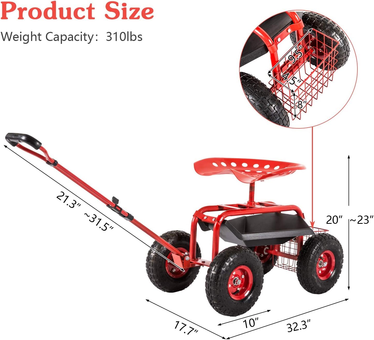 **360° Swivel Rolling Garden Seat with Wheels - Adjustable Garden Cart with Tool Tray & Storage Basket, Red - Perfect for Gardening, Landscaping & Outdoor Work**
