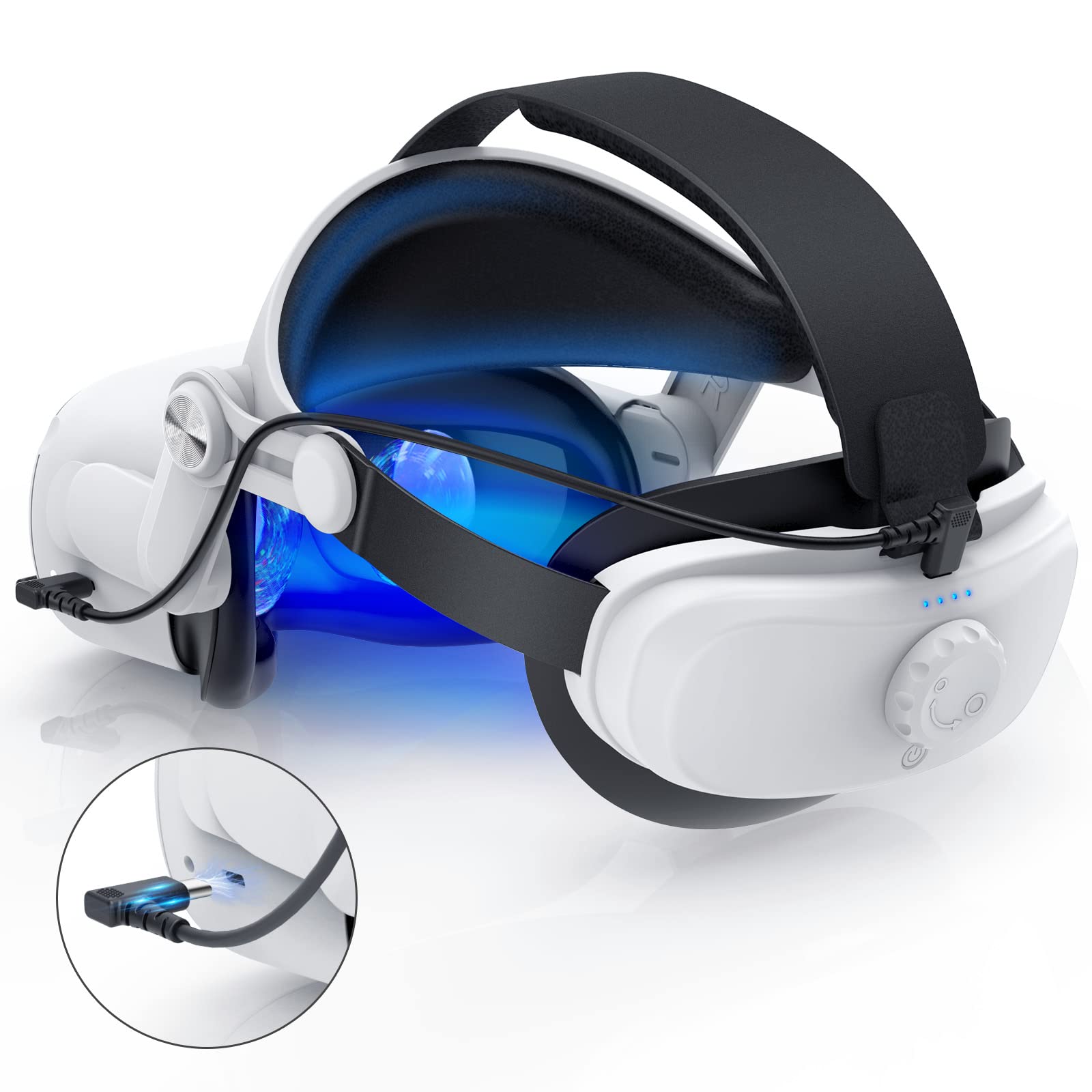 YOGES Rechargeable Battery Head Strap for Oculus Quest 2 - Adjustable VR Headset Accessory with Extended Playtime, Super Soft Foam & Skin-Friendly PU Leather (White) - Perfect for Long VR Gaming Sessions & Enhanced Comfort