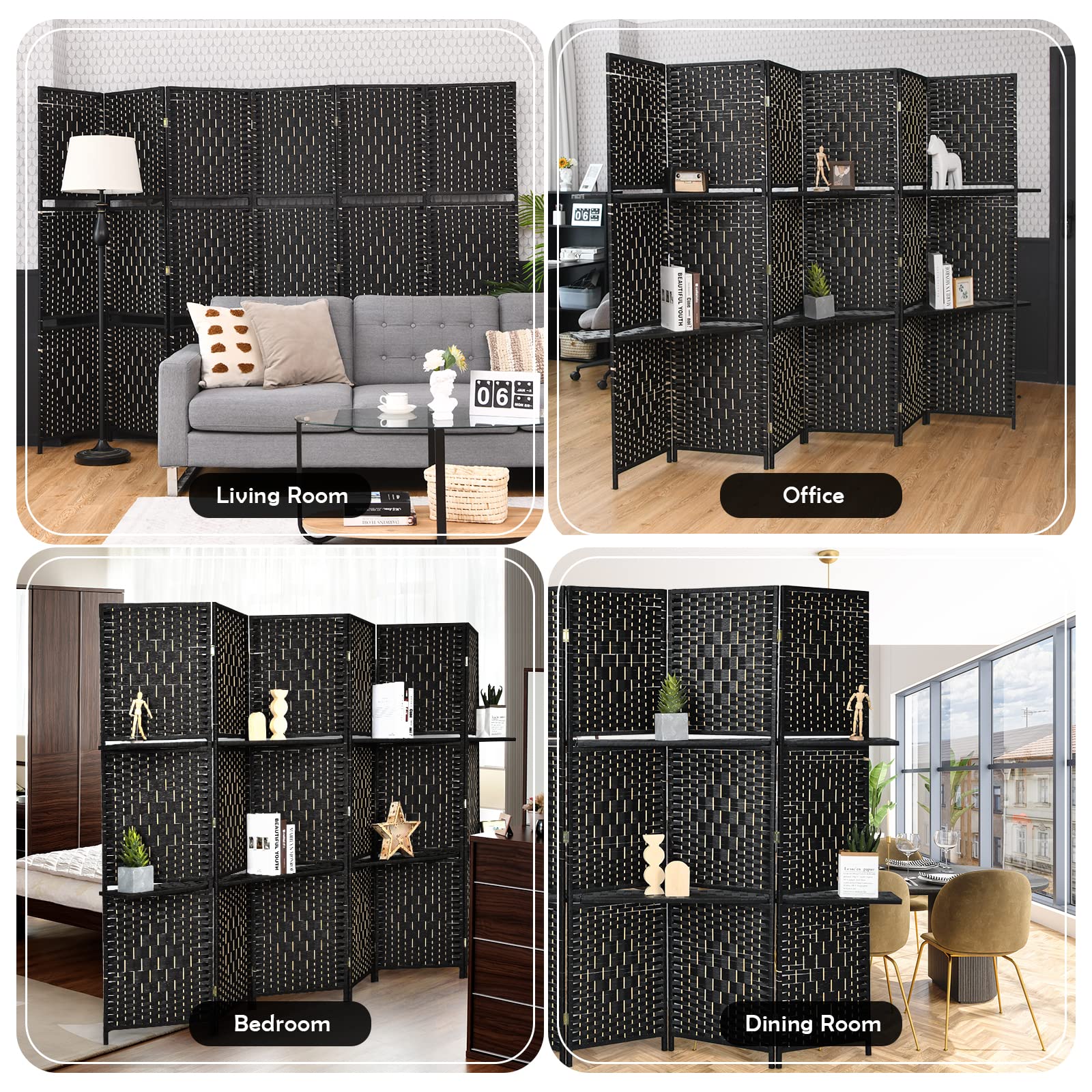 Giantex 6Ft 6 Panel Freestanding Room Divider with Shelves - Hand-Woven Rattan Folding Privacy Screen for Home, Office & Studio - Wooden Partition Wall for Room Separation & Organization | Perfect for Creating Private Spaces, Home Decor & Workspace Dividers