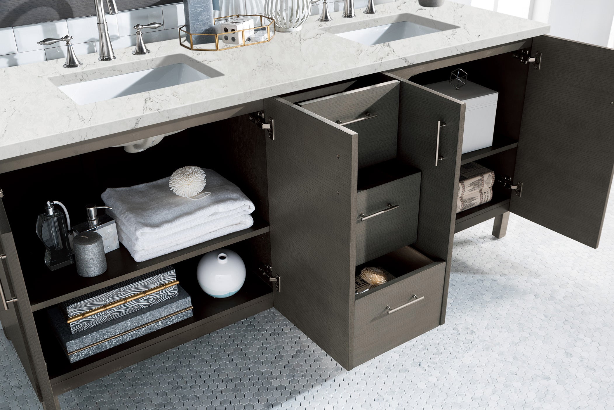 Metropolitan 72 Inch Double Bathroom Vanity with 3CM Eternal Jasmine Pearl Quartz Countertop in Silver Oak - Perfect for Master Bathroom Renovation and Modern Home Decor
