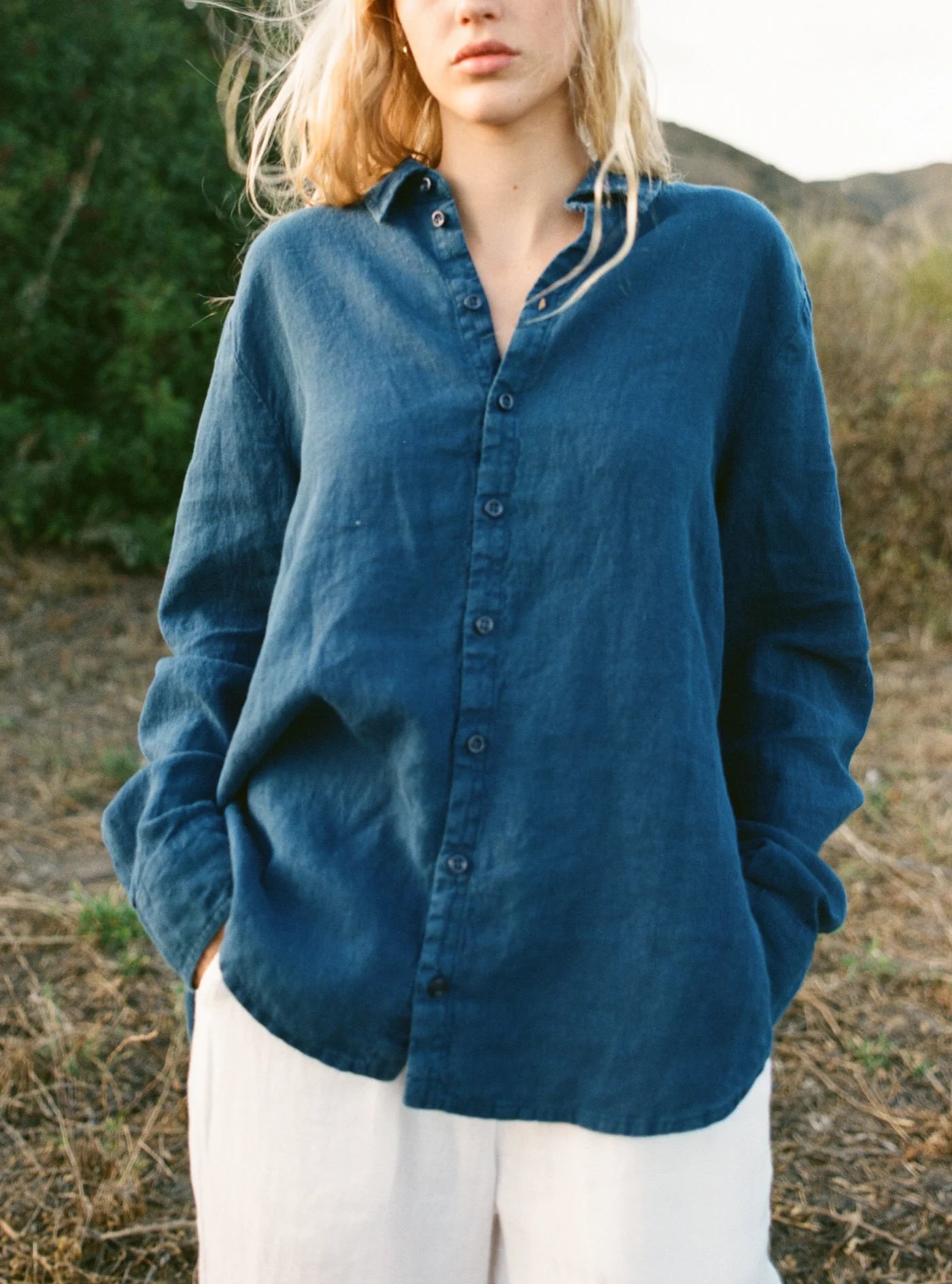 Cecile Oversized Linen Shirt for Women - Navy Blue Loose Fit Button Down Shirt - Perfect for Casual Outfits, Beach Wear and Summer Fashion