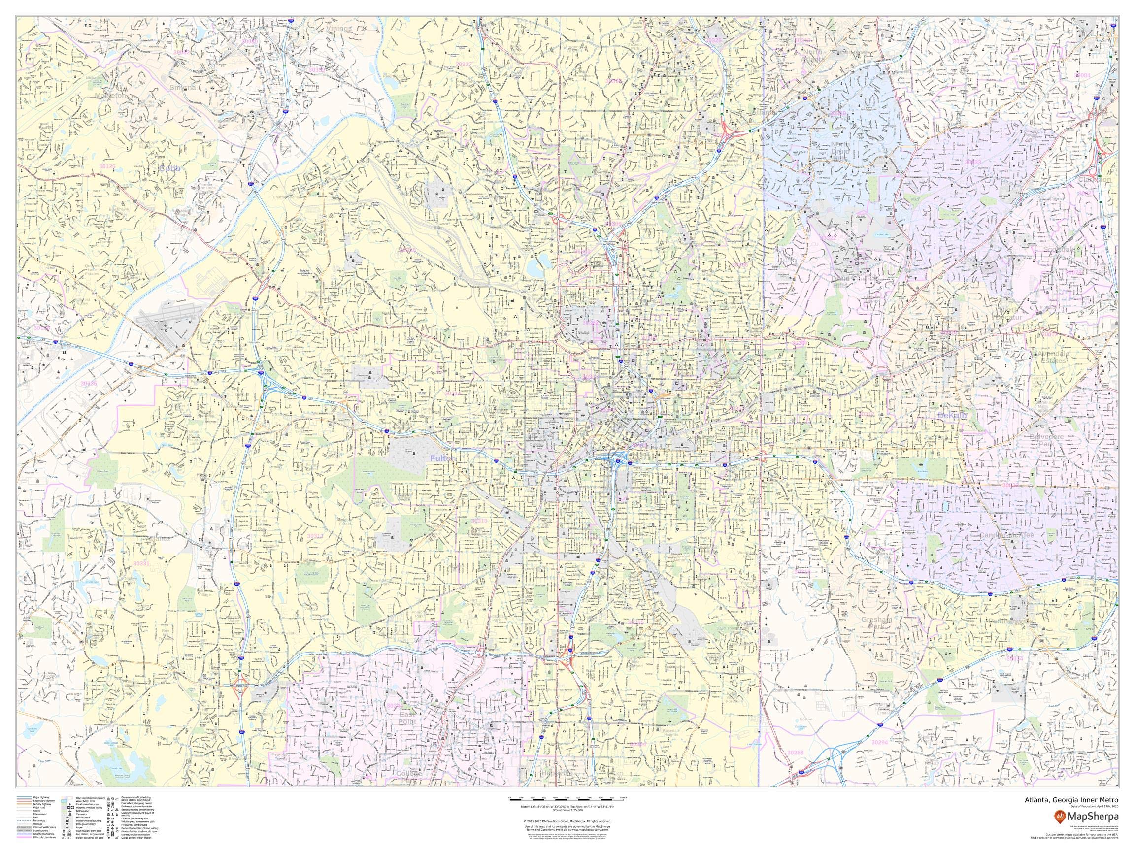 48 x 36 Inch Matte Plastic Wall Map of Atlanta Georgia Inner Metro - Detailed City Landscape Map for Home, Office, or Classroom Decor
