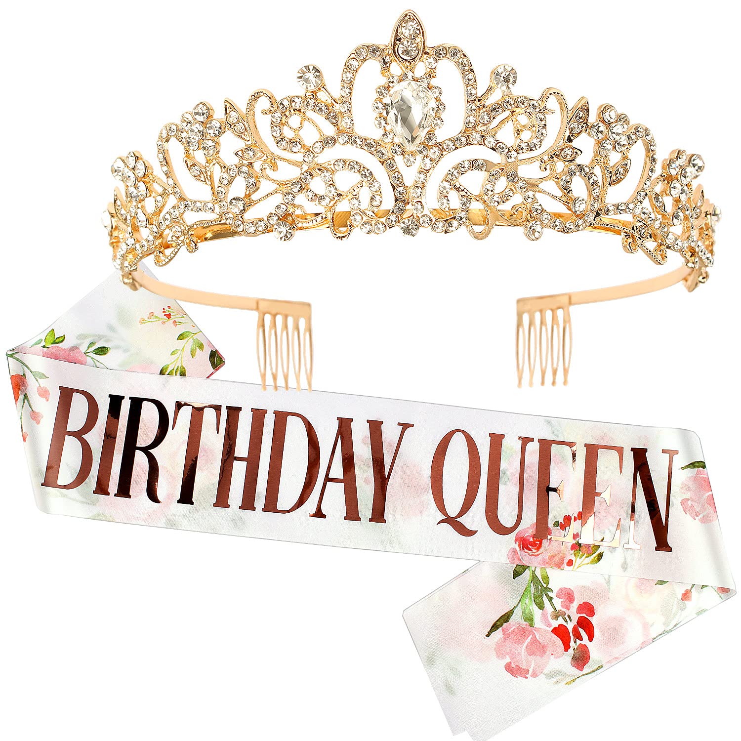Birthday Queen Sash & Crystal Tiara Set - Gold Crown & Pink Rhinestone Headband for Women & Girls | Sparkling Party Hair Accessories & Birthday Decorations (Perfect for Bachelorette Parties, Birthday Celebrations & Special Occasions)