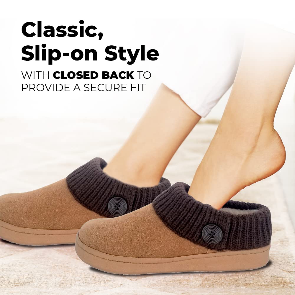 Clarks Women's Suede Leather Comfort Clog Knitted Collar Slippers - Plush Faux Fur Trim - Indoor & Outdoor House Shoes for Women - Grey/Grey Size 6M - Cozy Homewear for Relaxing & Lounging