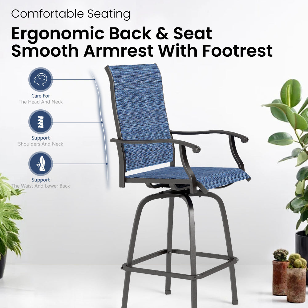 Sophia & William 3-Piece Patio Bistro Set with Blue/Gray Textilene Swivel Bar Stools - Outdoor Dining Furniture for Balcony, Garden & Backyard