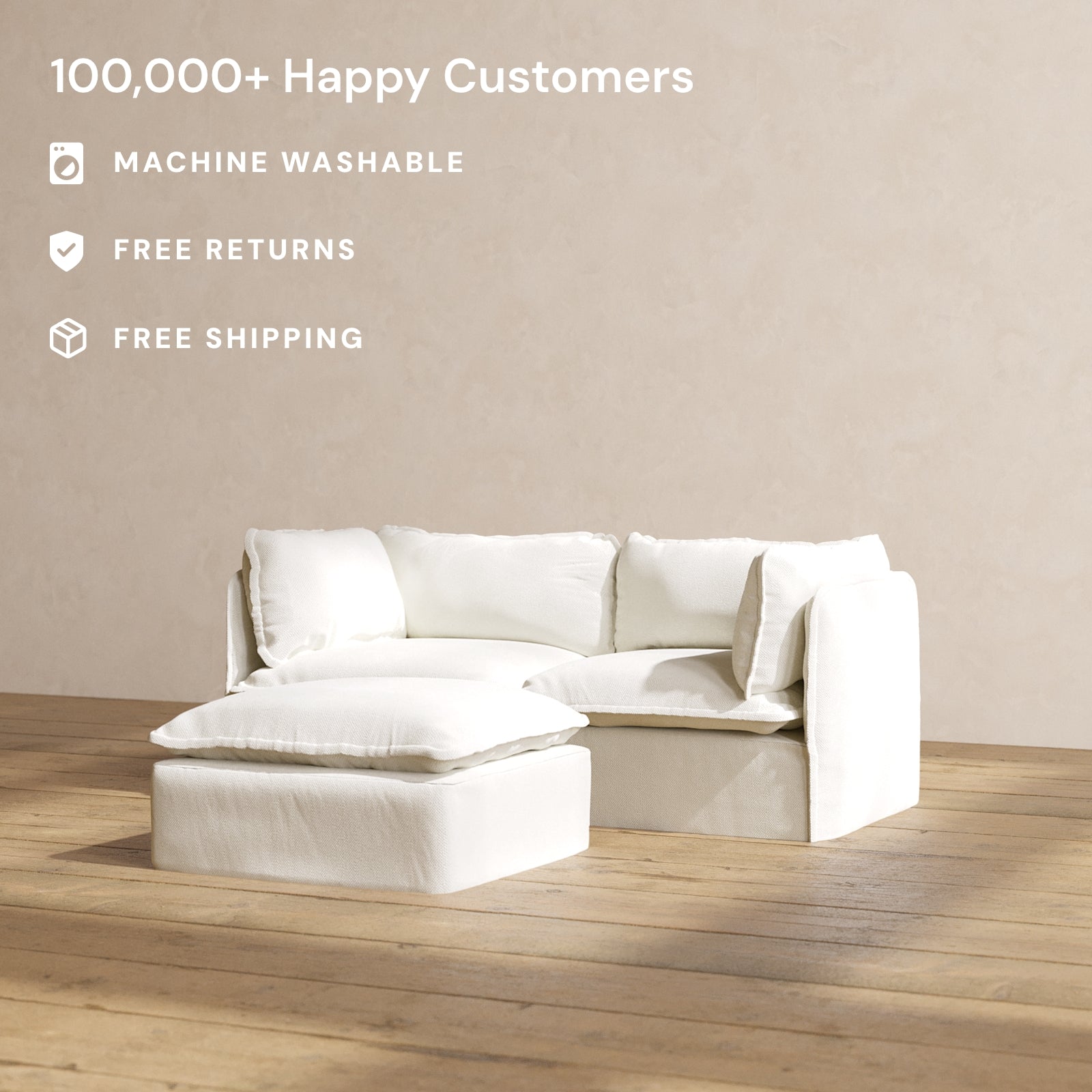 Premium Modular Performance 2-Seater Sofa with Ottoman in Eggshell White | Luxury Blend Fabric | Perfect for Living Room, Lounge & Home Theater Seating
