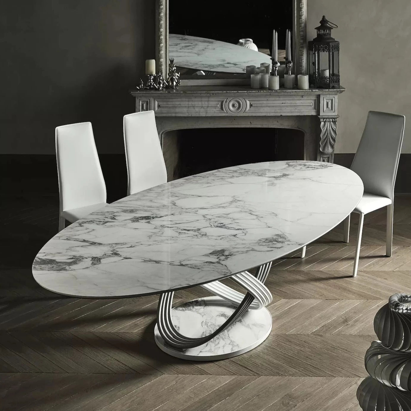 Fusion Elliptical Marble Coffee Table - Modern Oval Dining Table for Living Room, Office & Outdoor Use - Elegant White Marble Top with Sturdy Metal Base