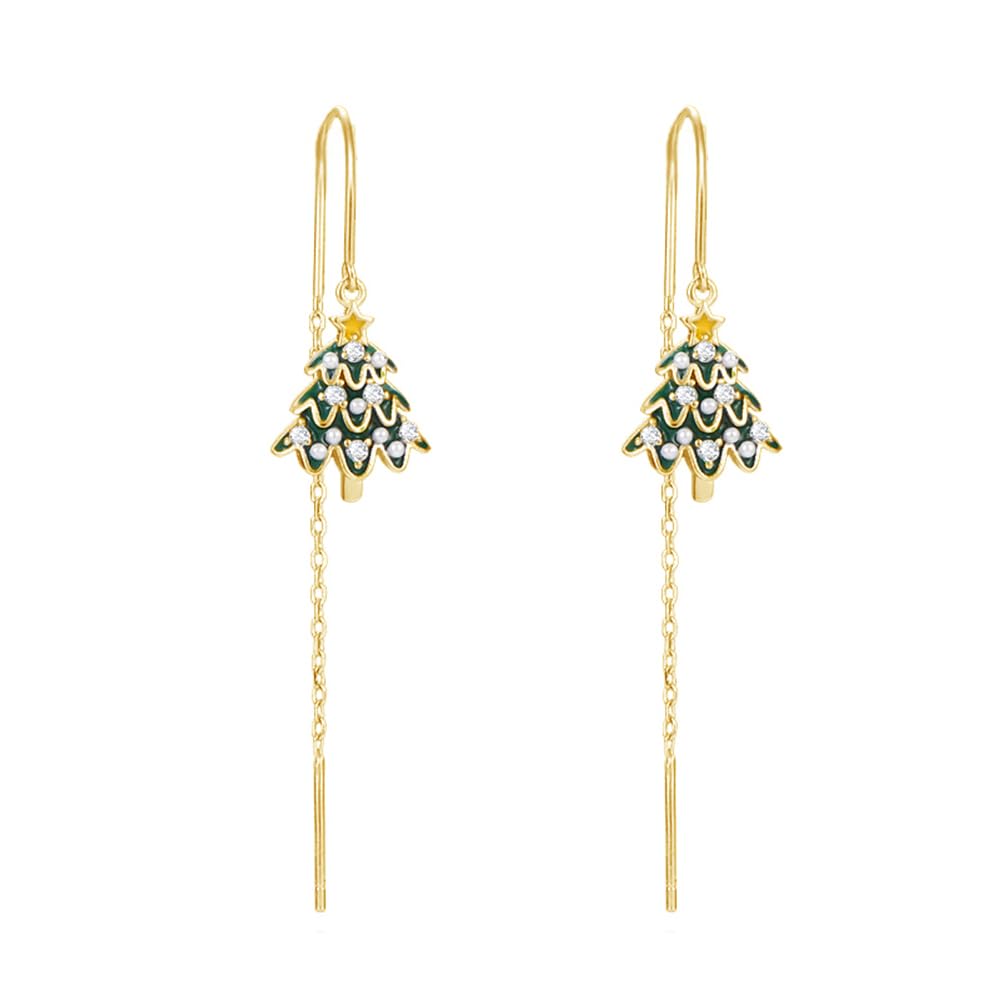 925 Sterling Silver Pearl Christmas Tree Threader Tassel Earrings for Women - CZ Dangle Drop Hoop Earrings | Holiday Party, Gift Giving, Christmas Celebration Jewelry