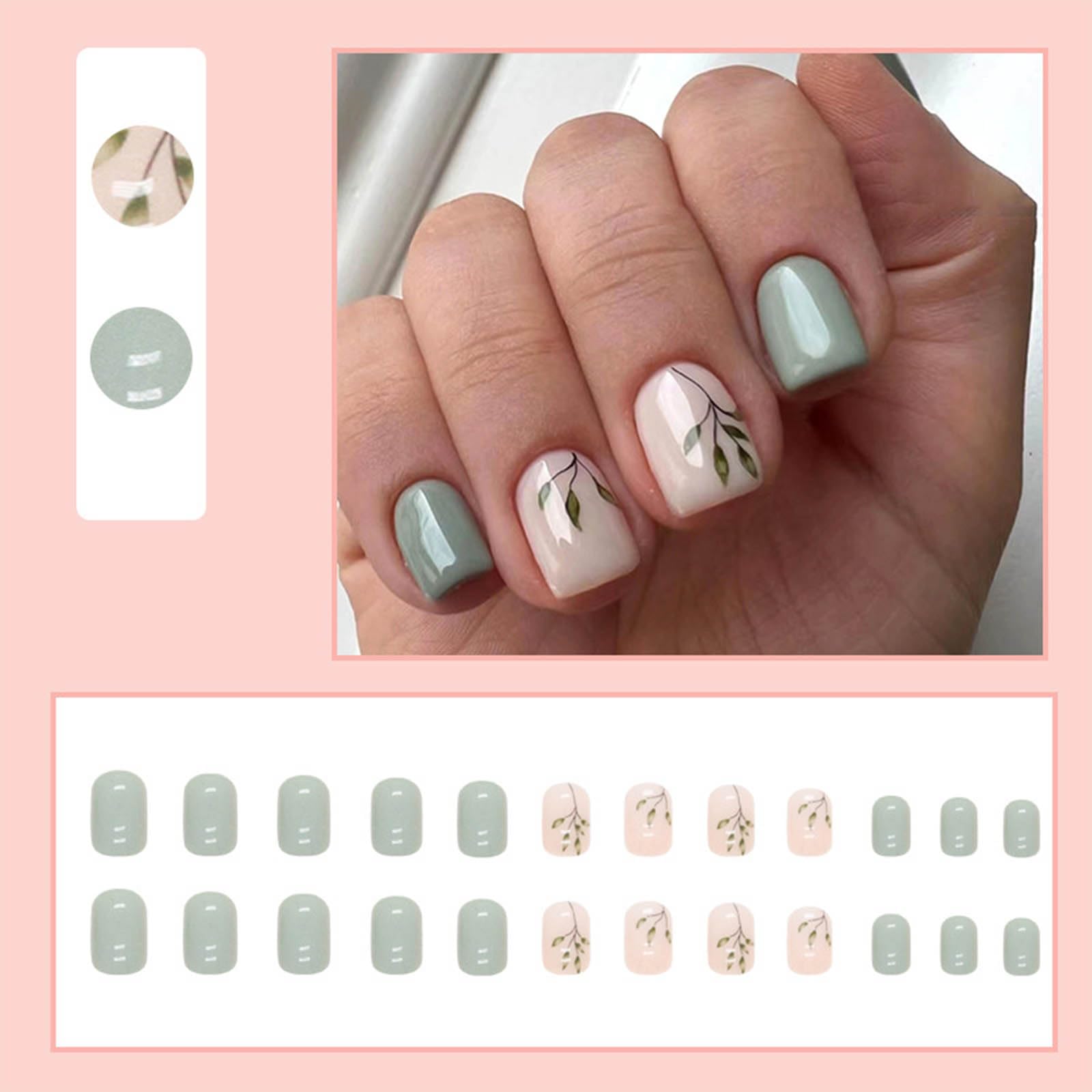24 PCS Green Leaf Press on Nails - Short Square Glossy Fake Nails with Pink Acrylic & Leaf Designs - Reusable Full Cover False Nails for Women & Girls - Perfect for Manicure, Parties, Weddings & Daily Wear