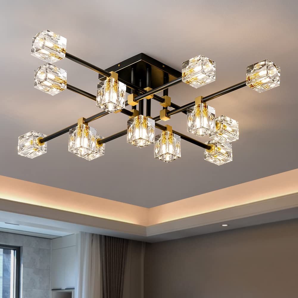 13-Light Modern Crystal Sputnik Chandelier - Black & Gold Ceiling Light Fixture for Dining Room, Entryway, Bedroom - Elegant Lighting for Home Decor, Wedding Venues, and Luxury Spaces