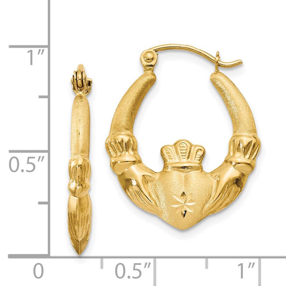 14k Yellow Gold Black Bow Claddagh Hoop Earrings 20mm - Perfect for Celtic Weddings