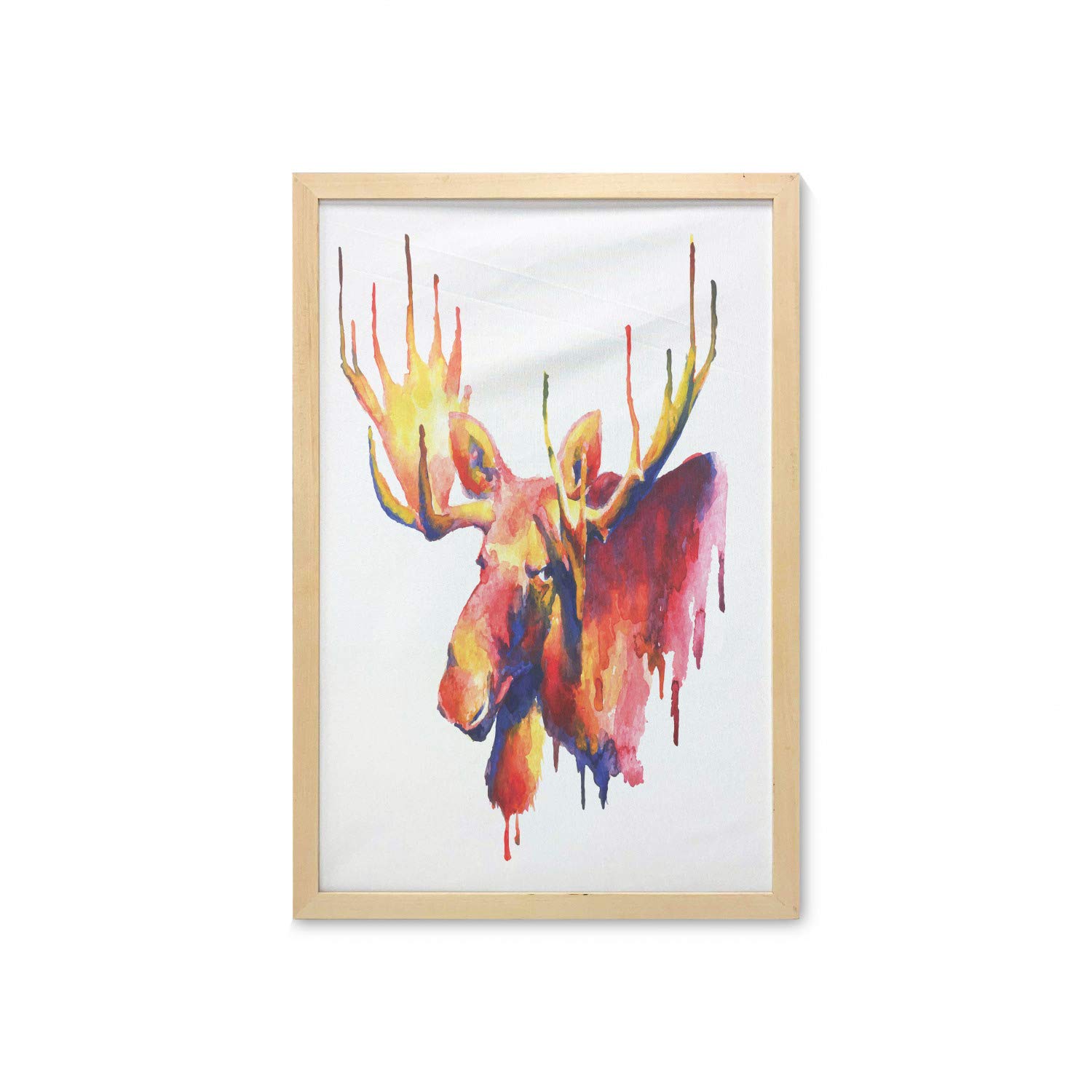 Ambesonne Framed Moose Wall Art - Psychedelic Watercolor Paintbrush Style, Vivid Aquarelle Print on Fabric Poster (23