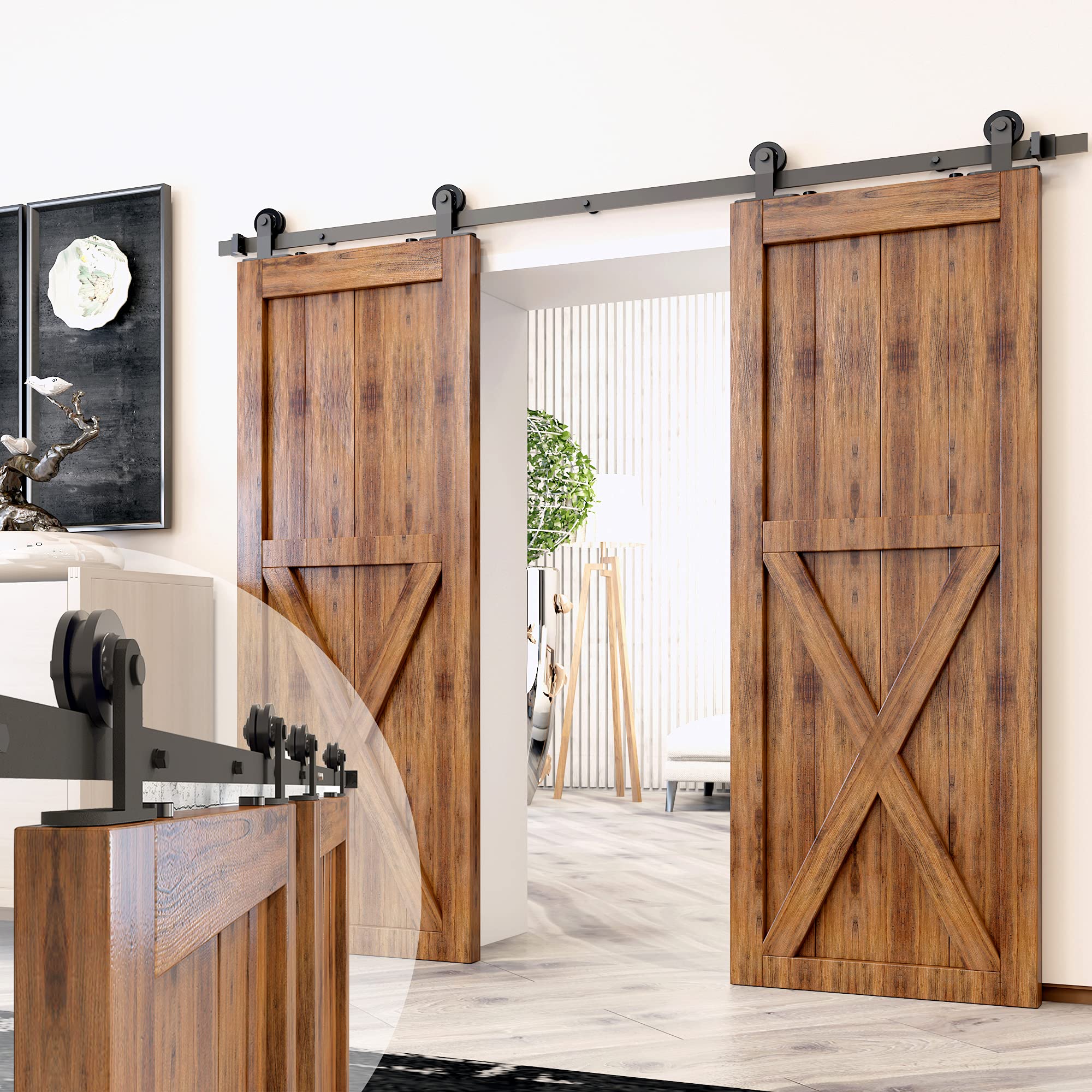 Homacer Black Rustic Non-Bypass Sliding Barn Door Hardware Kit - Heavy Duty T-Shape Roller Design for Double Doors with 4ft Flat Track | Interior & Exterior Use | Perfect for Farmhouse, Loft, and Industrial Style Homes