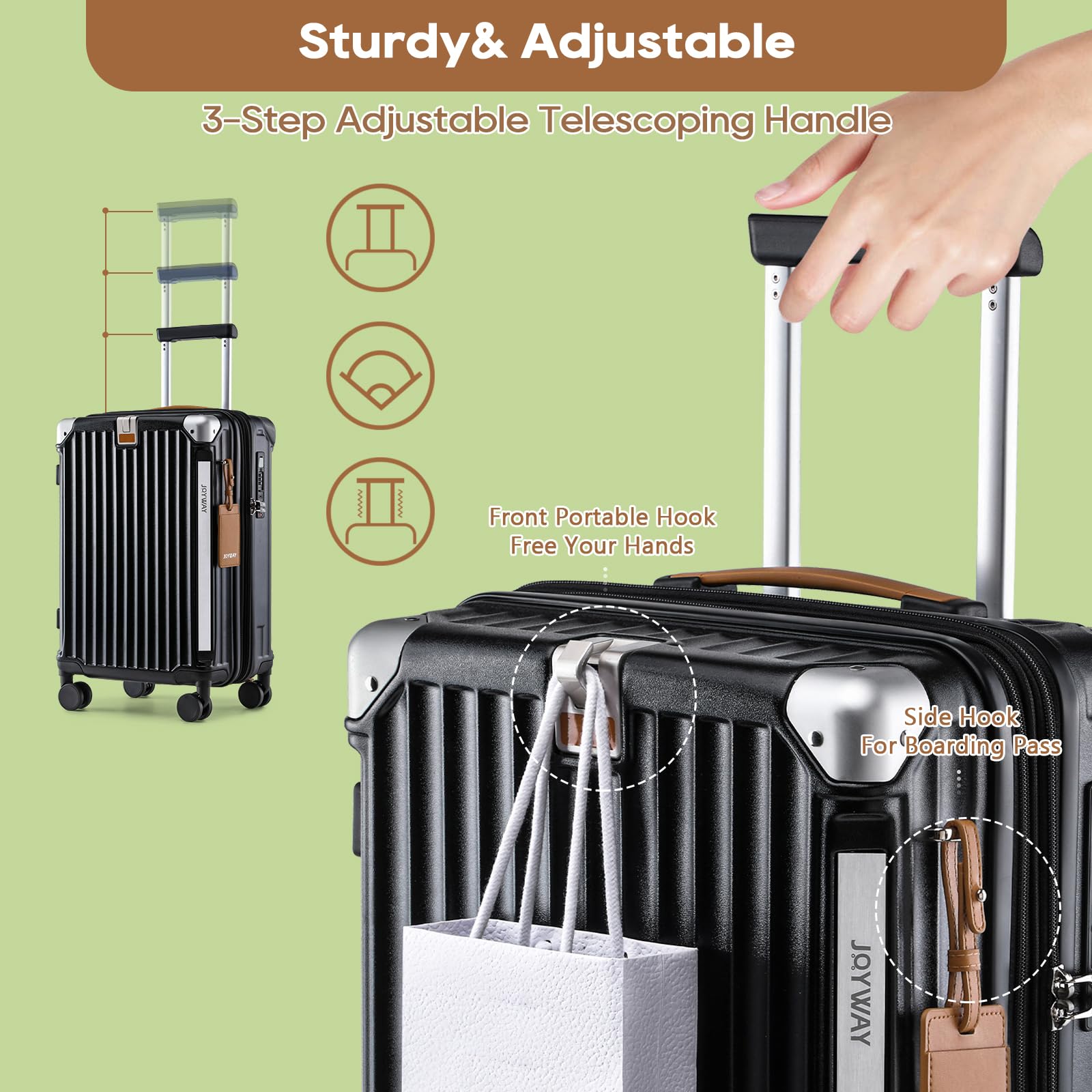 Joyway 20in Expandable Carry On Luggage with USB Charging Port & Cup Holder, Anti-Slip Spinner Wheels, 3-Piece Suitcase Set for Men & Women (Black) - Perfect for Business Travel, Weekend Getaways & Airplane Carry-On