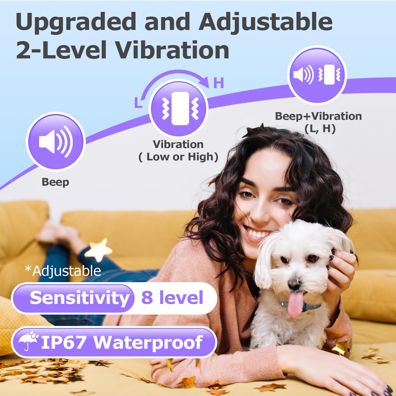 Humane No Shock Dog Bark Collar for Small & Medium Dogs - Rechargeable Anti-Barking Collar with 2 Vibration Modes, Beep & 8 Sensitivity Levels - Smart Bark Control for Indoor/Outdoor Use (Black)
