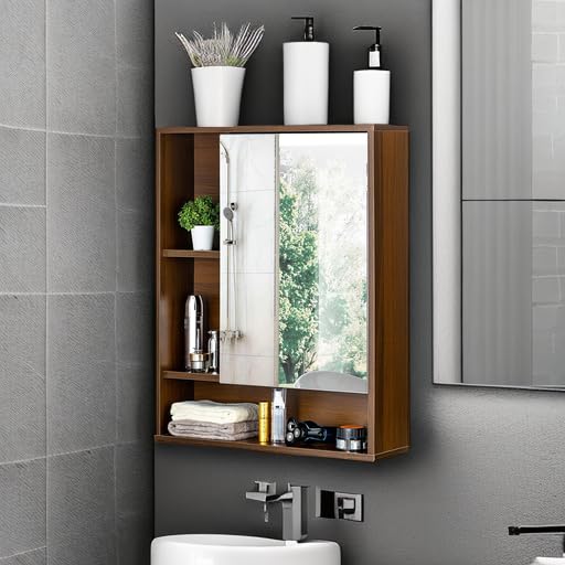 ChooChoo Bathroom Wall Mirror Medicine Cabinet - Single Door with Adjustable Shelf, Over The Toilet Space Saving Storage Cabinet in Walnut Finish - Perfect for Small Bathrooms, Powder Rooms & Apartment Living