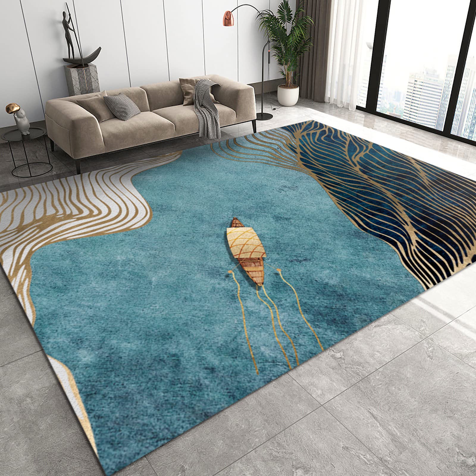 Blue and Gold Water Wave Contemporary Area Rug - Non-Slip Machine Washable 5x6ft Indoor Rug for Living Room, Bedroom, Dining Room | Farmhouse Decor, Boho Style Home Accent - Perfect for Coastal, Modern or Traditional Interiors