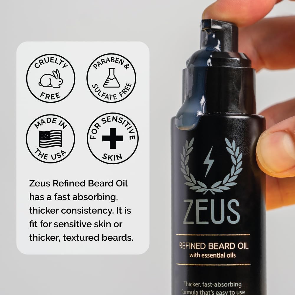 ZEUS Refined Beard Oil for Men - Leave-In Conditioner for Softer Beard & Mustache - Natural Sandalwood Scent - Made in USA - 1.6 oz - Perfect for Daily Grooming & Styling