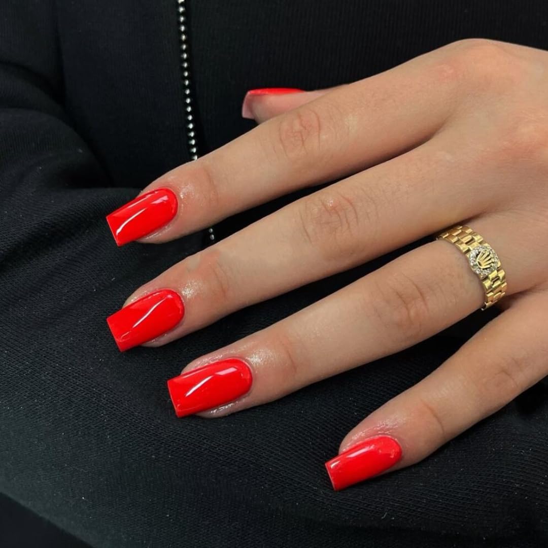 KQueenest Bright Red Press on Nails - Short & Medium Square Fake Nails with Glue | 24PCS Solid Color Acrylic Nails Set | Reusable Gel Press on Nails for Women | Perfect for Parties, Weddings & Daily Wear
