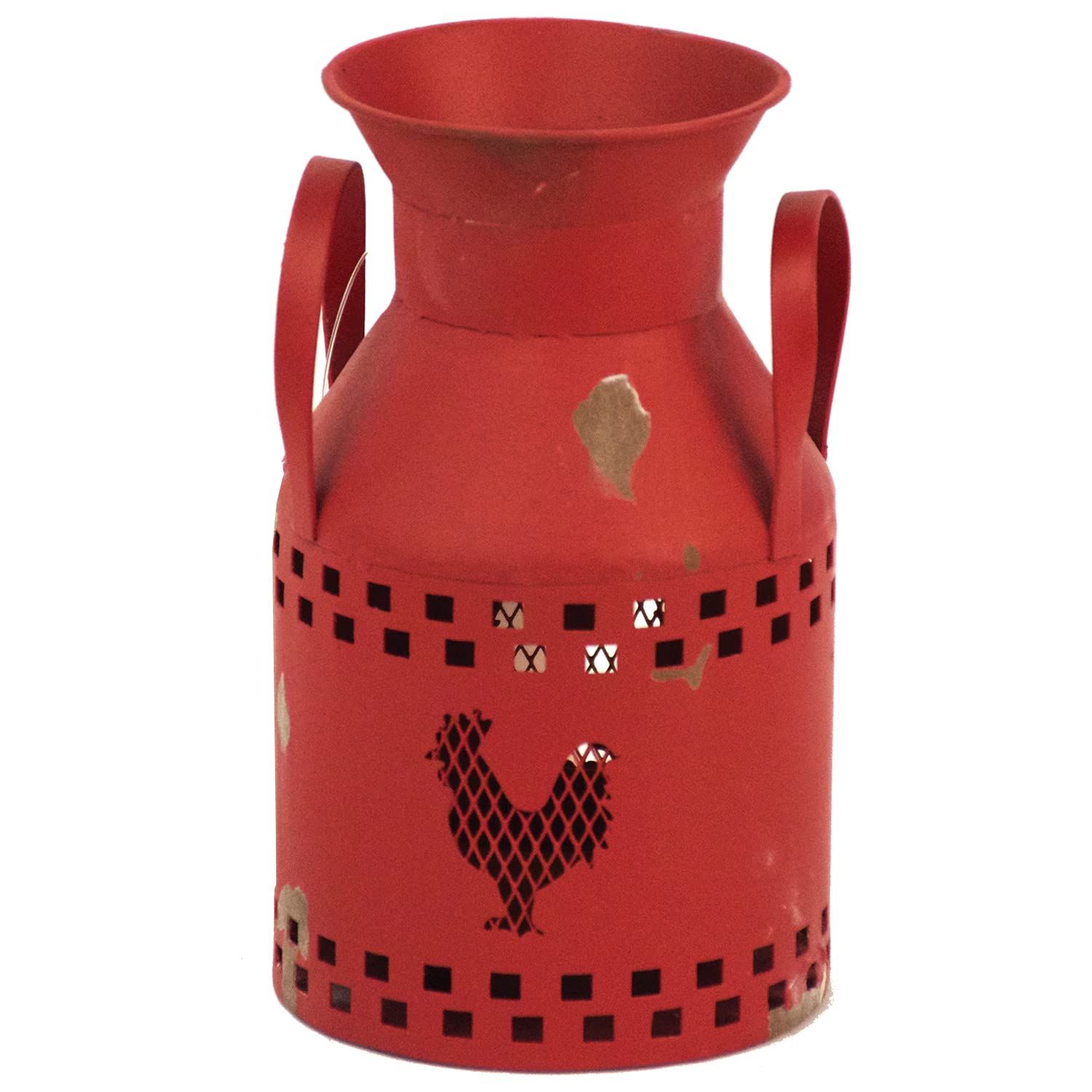 Vintage Rooster Cut-Out Milk Can with Tea Light Holder - Distressed Red Essex Collection - Rustic Farmhouse Decor for Kitchen, Patio & Garden