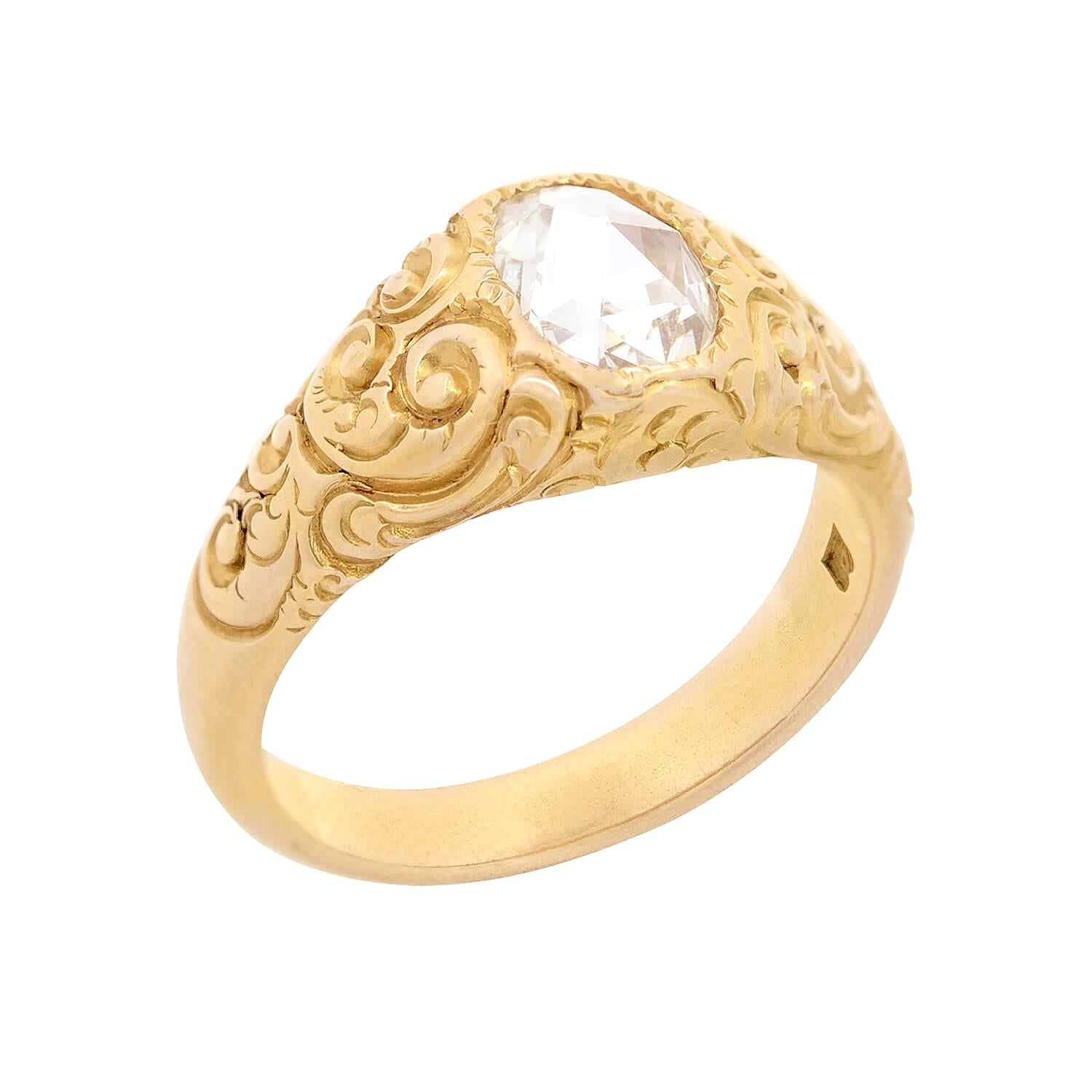 Victorian Style 14K Gold Dutch Rose Cut Diamond Flush Mount Engagement Ring - 0.65 Carat Vintage Inspired Wedding Band for Romantic Proposals & Anniversary Gifts