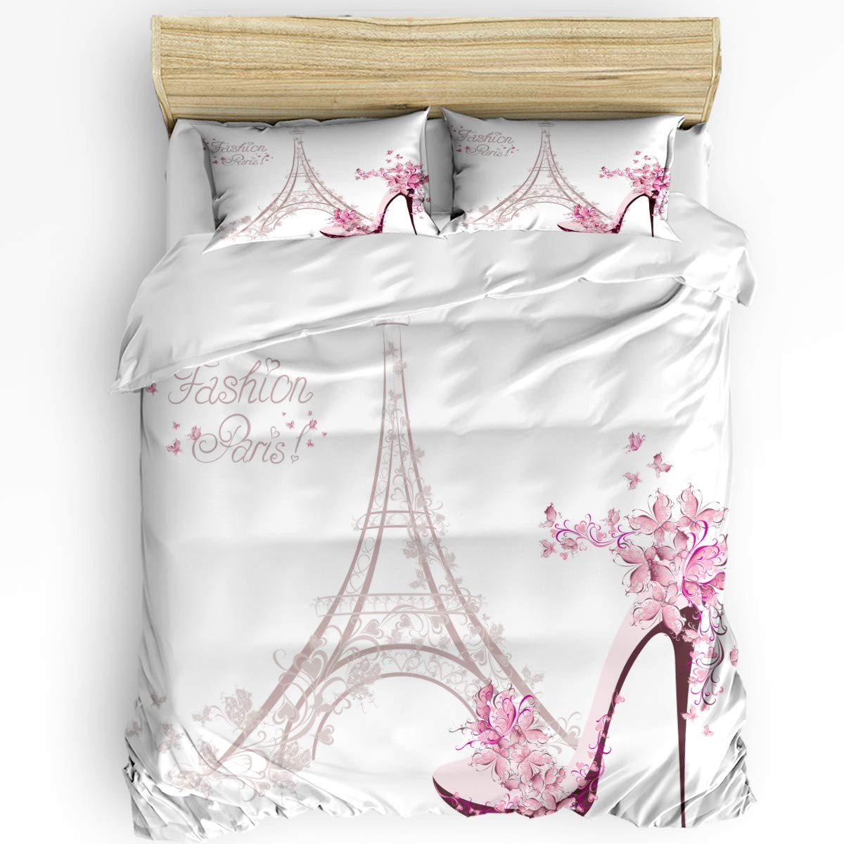 Zadaling 3-Piece California King Size Bedding Set - Pink Paris Eiffel Tower & Elegant High Heels Printed Comforter Duvet Cover with 1 Flat Sheet & 2 Pillowcases for Adults, Teens & Kids | Perfect for Master Bedrooms, Guest Rooms & Dorm Decor