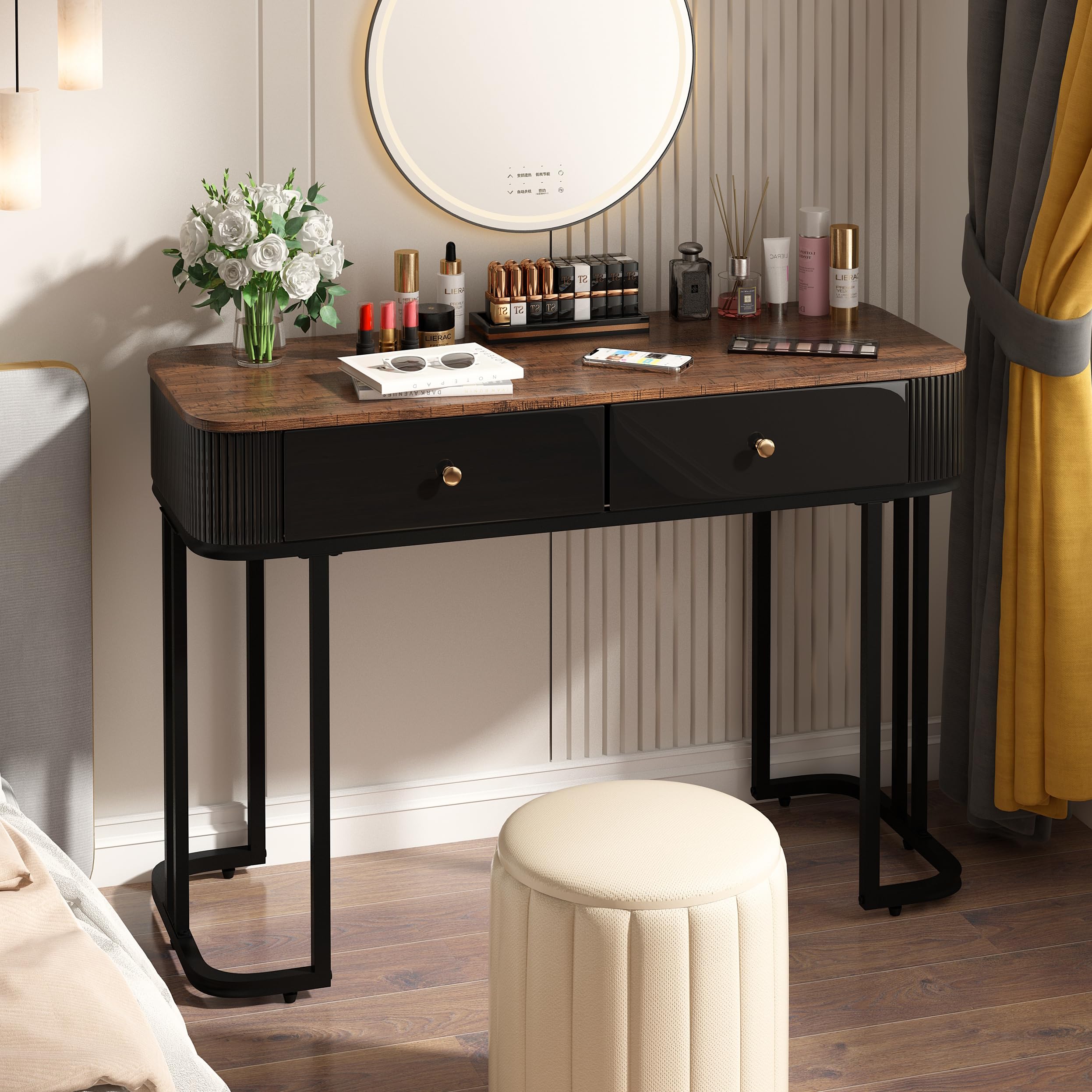 Modern OIOG Console Table with 2 Drawers - Wood Grain Sofa Table for Entryway, Living Room & Bedroom - Multi-Functional Storage Desk as Makeup Vanity or Small Computer Workstation (Brown/Black) - Perfect for Small Spaces, Apartments & Home Offices