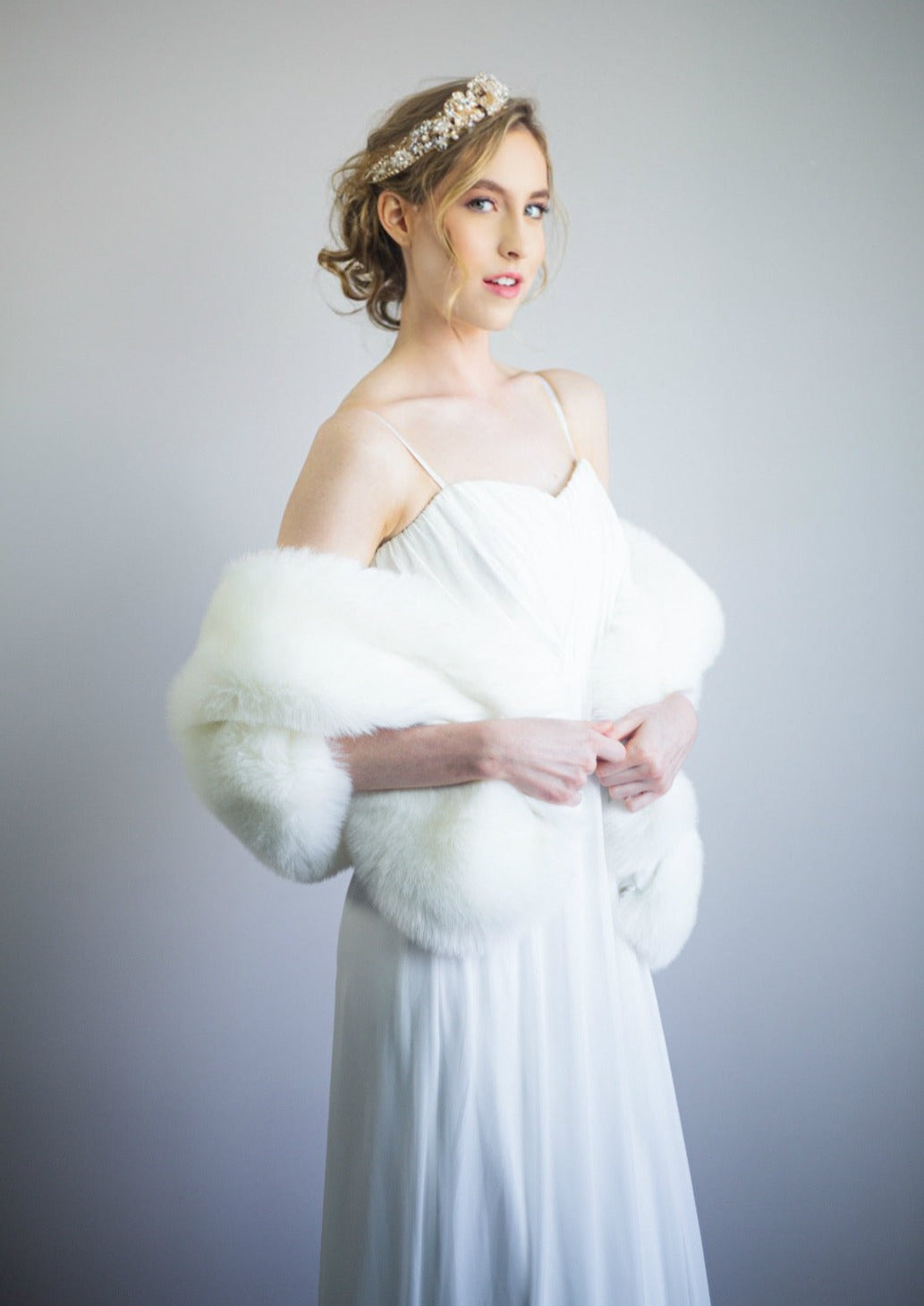 Elegant Pure Ivory Fur Shawl for Brides - Celia Wht01 | Perfect for Weddings, Photo Shoots & Formal Events
