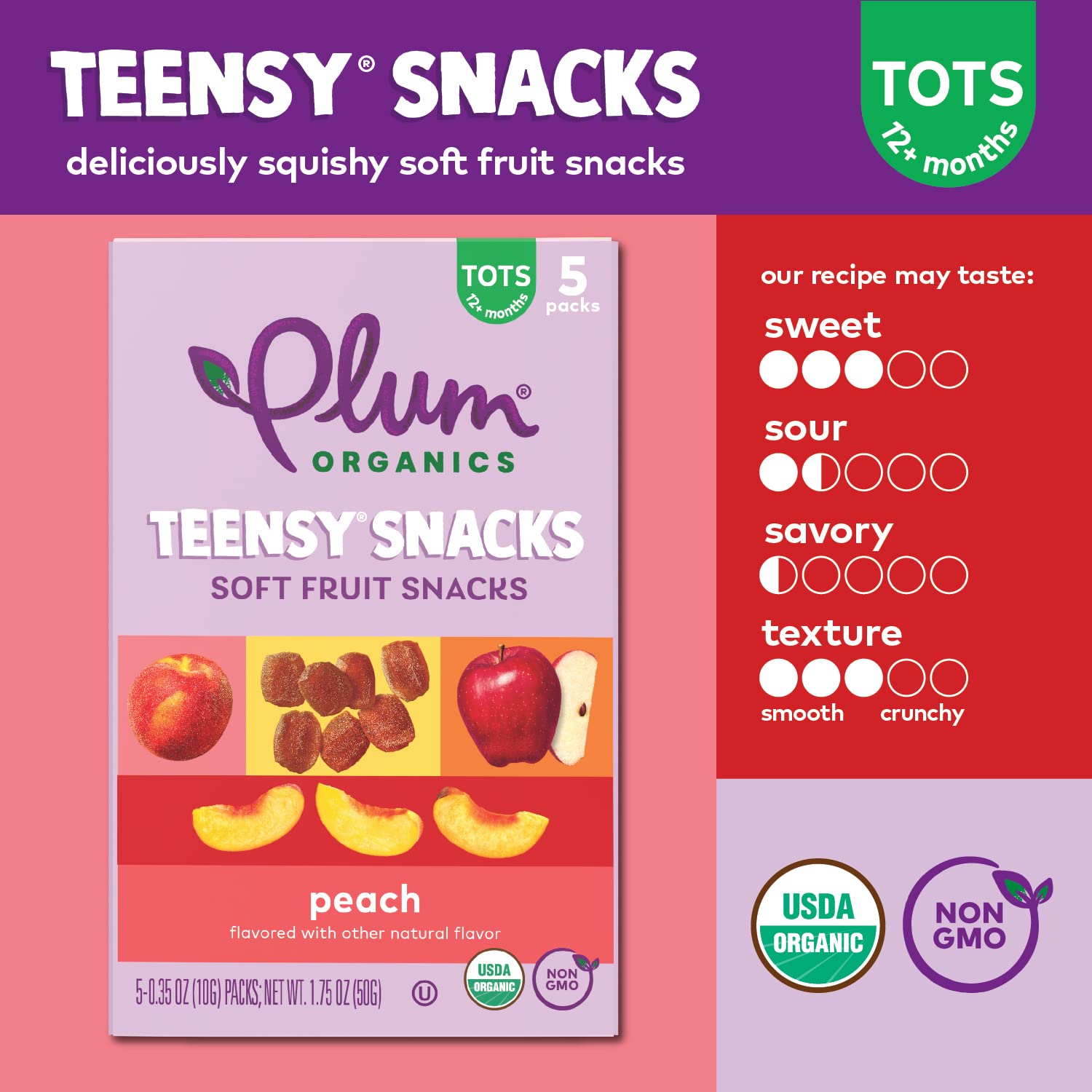 Organic Plum Teensy Snacks Soft Fruit Snacks - Peach Flavor, 0.35 oz Bags (Pack of 40) - Healthy Toddler & Kids Snacks for Lunch Box, Travel, and On-the-Go Nutrition