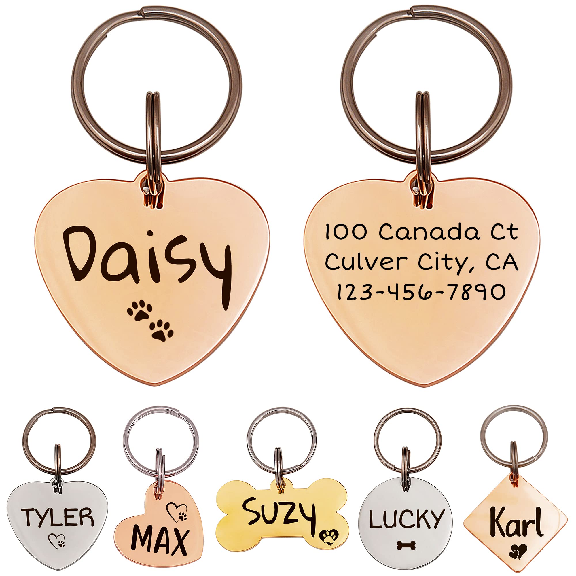 Anavia Personalized Pet ID Tags - Custom Engraved Stainless Steel Dog & Cat Collar Tags - Heart Shaped Rose Gold Name Tag for Dogs & Cats | Perfect for Daily Walks, Travel Safety & Pet Identification