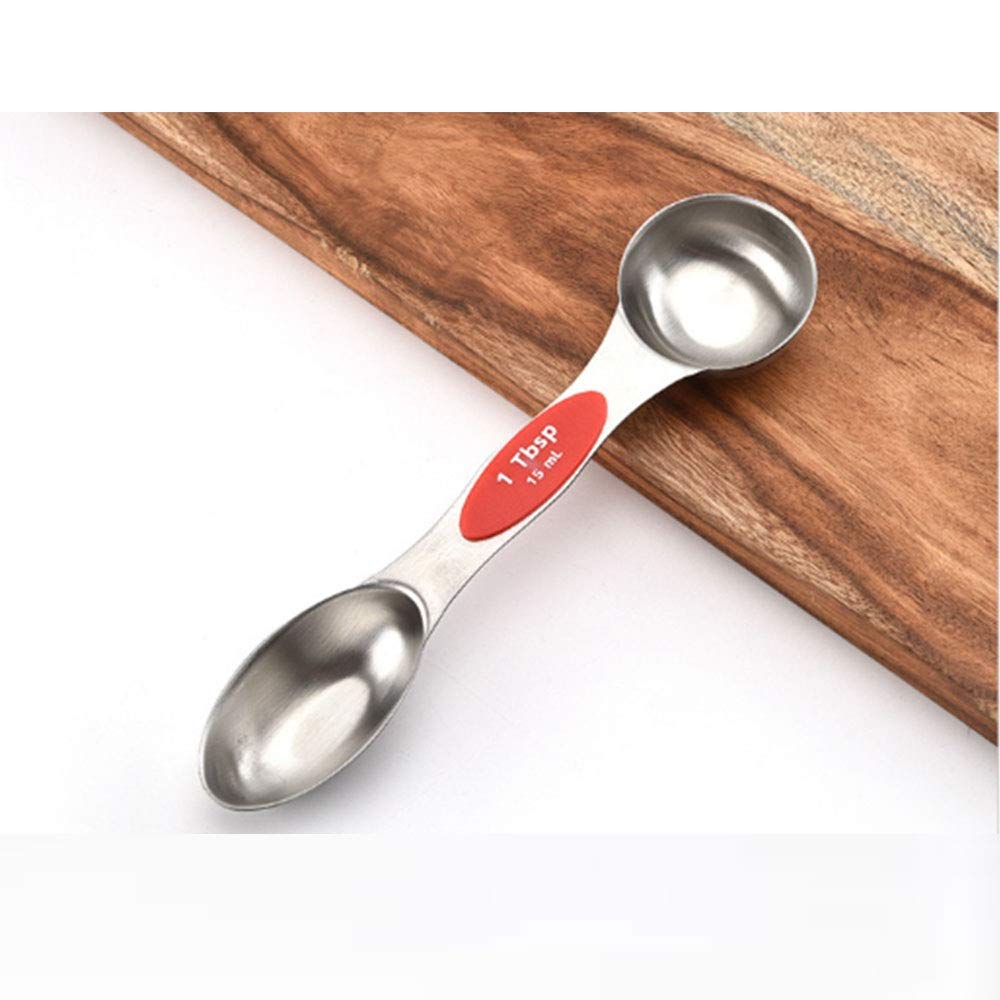 LLS Magnetic Measuring Spoons Set - Double Head Stainless Steel Kitchen Measuring Spoons with Ergonomic Silicone Handle - Perfect for Baking, Cooking, Pasta & Coffee Measuring (Model 0512)