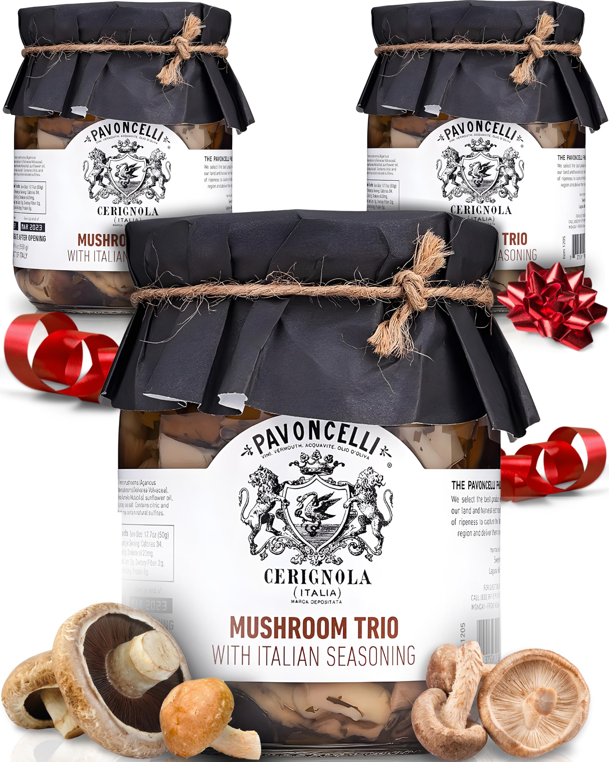 Premium Italian Pavoncelli Mushroom Trio with Authentic Seasoning - Gourmet Antipasto, Pasta & Pizza Topping (3 x 19.4 oz. Glass Jars) - Imported from Italy - Perfect for Charcuterie Boards, Salads & Italian Recipes