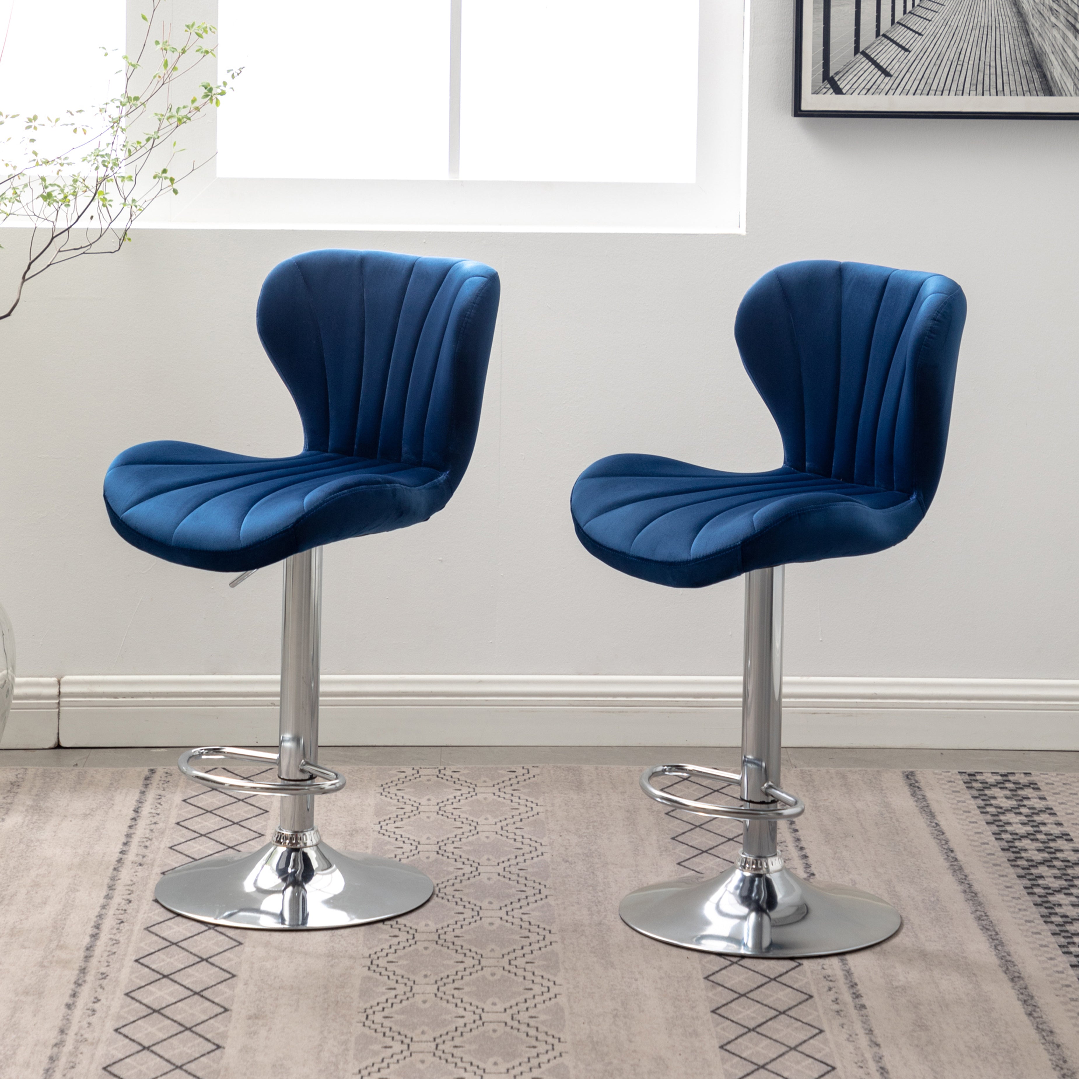 Roundhill Furniture Ellston Blue Upholstered Adjustable Swivel Bar Stools - Set of 2 for Kitchen Island, Breakfast Nook & Home Bar Styling