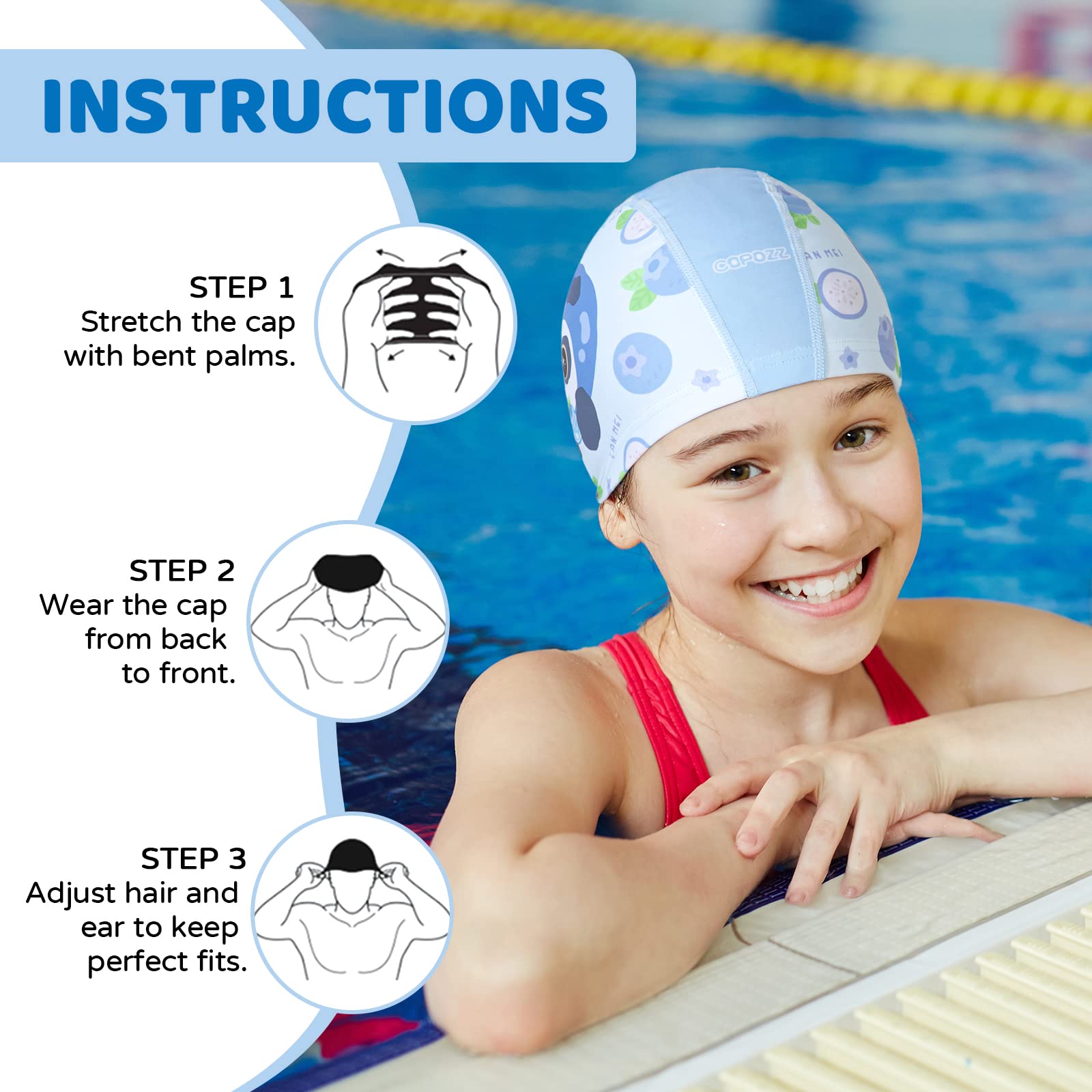 COPOZZ Quick Dry Spandex Swim Caps for Kids & Toddlers (Ages 5-12) - Comfortable High Elasticity Swimming Hats for Boys & Girls with Long or Short Hair | Perfect for Pool, Beach & Swim Lessons