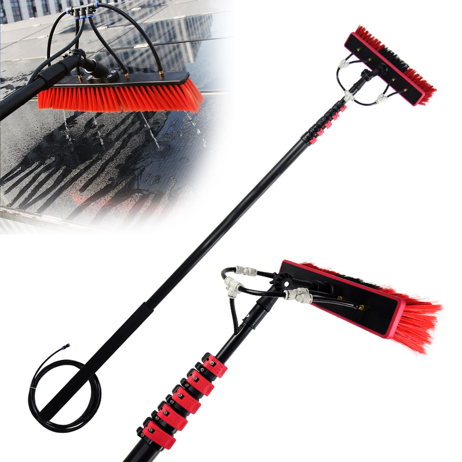 Ryanbem 20FT/6M Telescopic Extension Pole Cleaning Kit with 4-Hole Water Fed Brush - Window, Solar Panel & Exterior Surface Cleaner - Adjustable Long Reach Pole for Home, Office & Commercial Use
