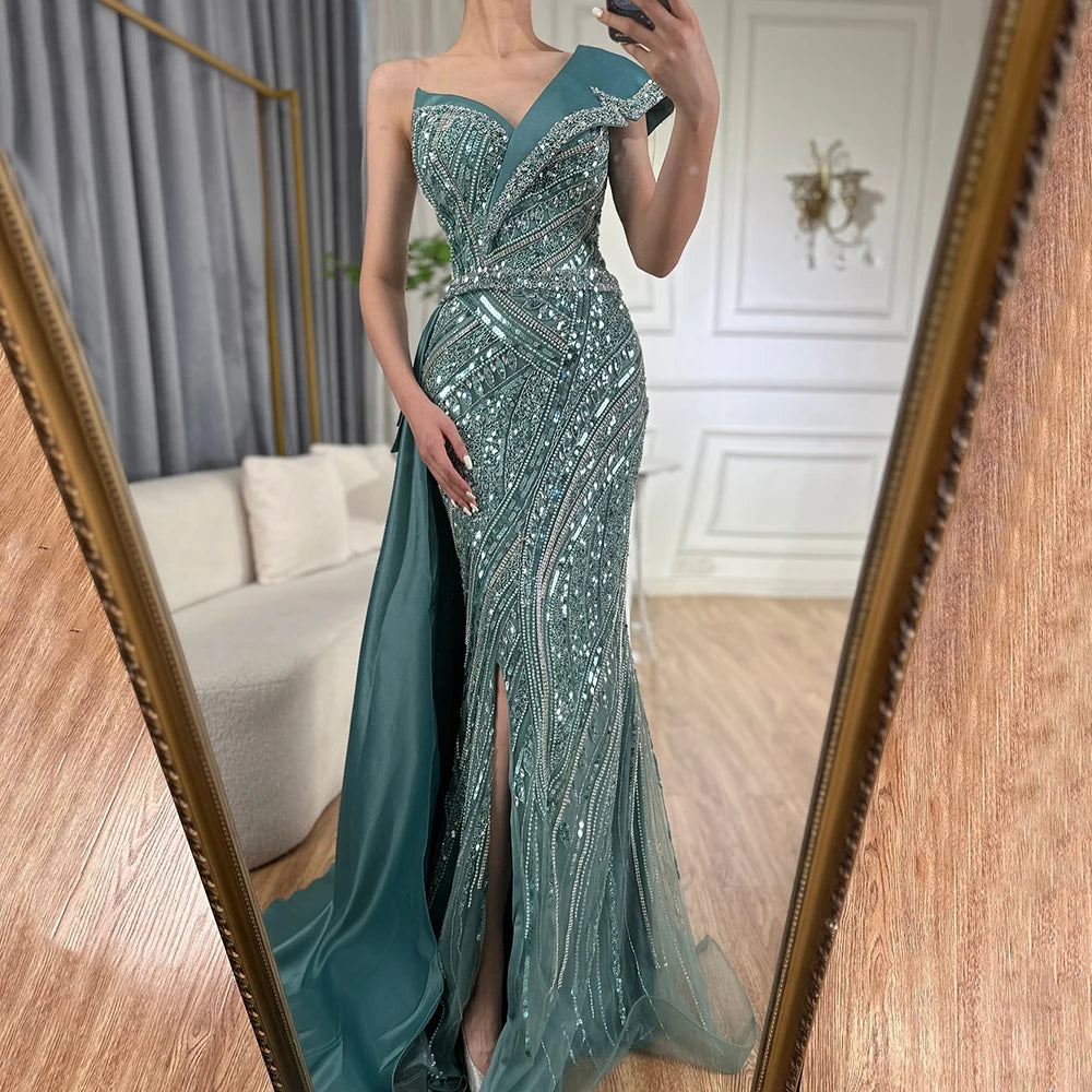 Elegant Turquoise Beaded One Shoulder Evening Dress for Wedding Party & Formal Events - LA72335 | Perfect for Prom, Cocktail Parties & Special Occasions