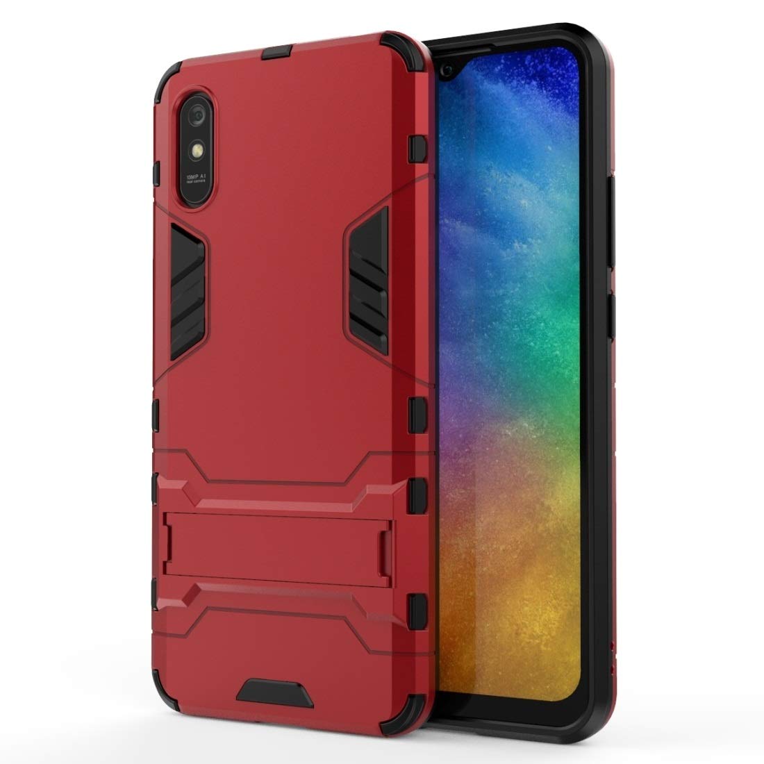 Xiaomi Redmi 9A Shockproof Phone Case - Durable TPU Protective Cover with Holder & Mobile Pouch (Red) | Perfect for Travel, Work & Outdoor Activities