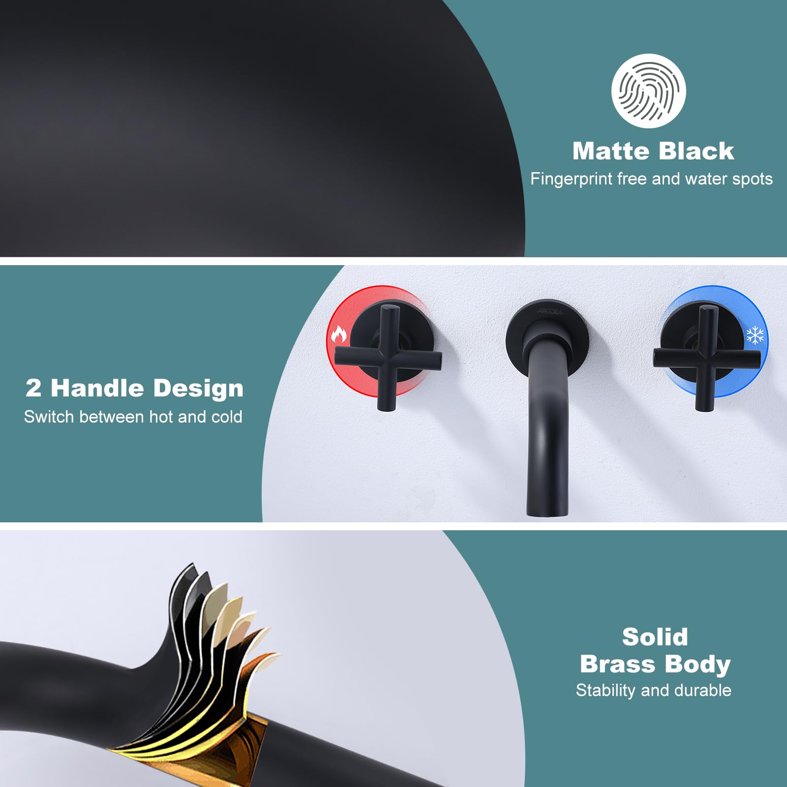 ARCORA Matte Black Wall Mount Bathroom Faucet - 2 Handle Vessel Sink Faucet with Rough-in Valve, Widespread 3 Hole Bathroom Sink Faucet for Modern Vanity & Luxury Home Decor