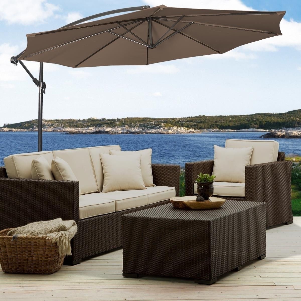 Offset Patio Umbrella with Cross Base - Adjustable Sun Shade for Outdoor Market, Beach & Backyard - Portable Tan Hanging Umbrella for Perfect Shade Angles | Ideal for Poolside, Picnics & Outdoor Dining